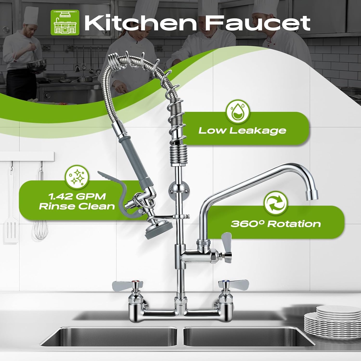 Commercial Sink Faucet with Sprayer 8 Inch Center Wall Mount Kitchen Sink Faucet with 10" Add-on Swing Spout 25" Height Faucet with Down Pre-Rinse Sprayer - Image 5
