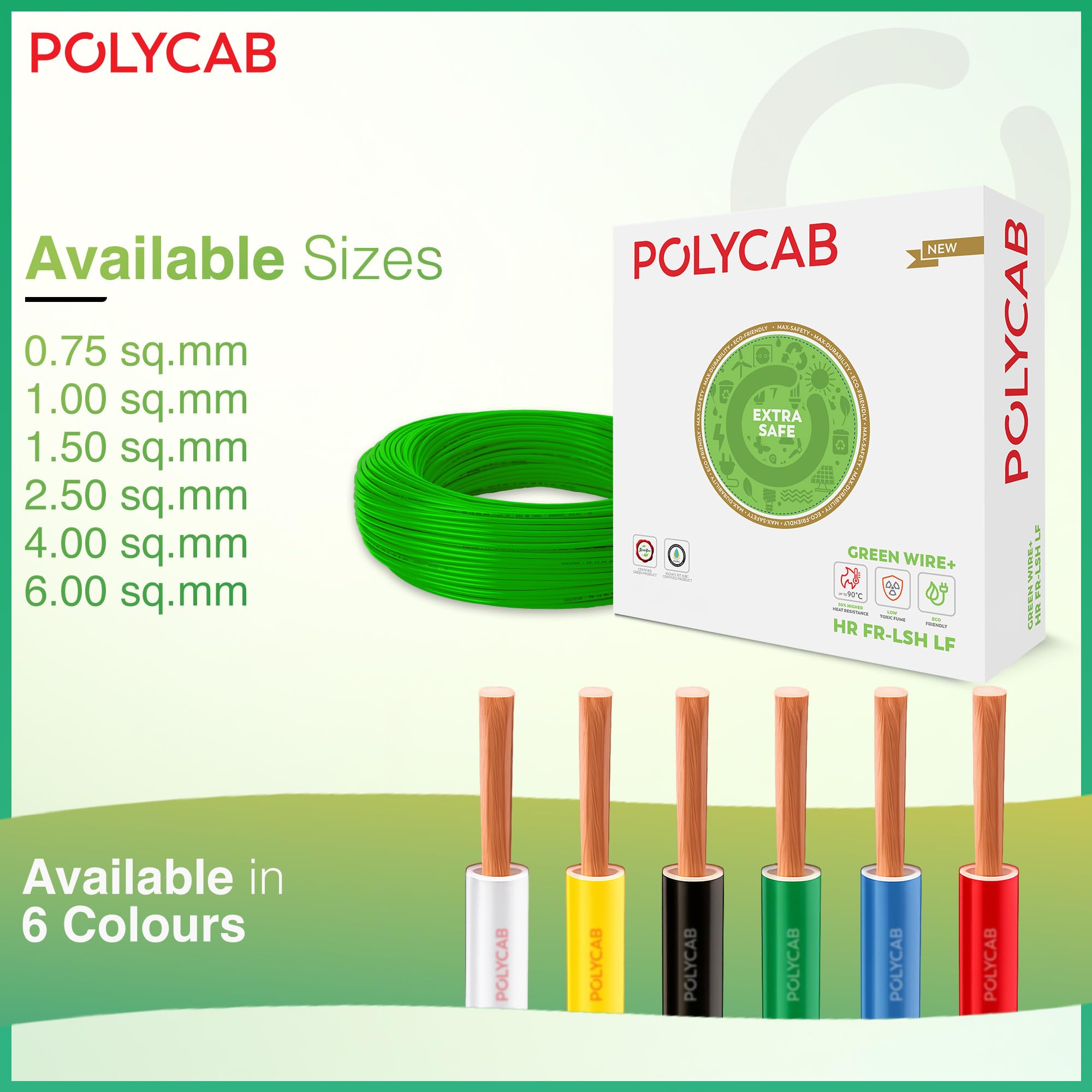 Polycab Green Wire+ 90M coil |1 SQ MM|Heat resistant upto 900 C | Low smoke | Low toxic fumes | GreenPro certified | 99.97% high purity copper | Rodent protection | Eco friendly (Green) — Amazon image 6