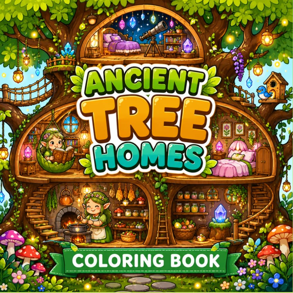 Ancient Tree Homes Coloring Book with Magical Treehouse Villages, Cozy Forest Rooms, Woodland Friends, and Enchanted Fantasy Scenes