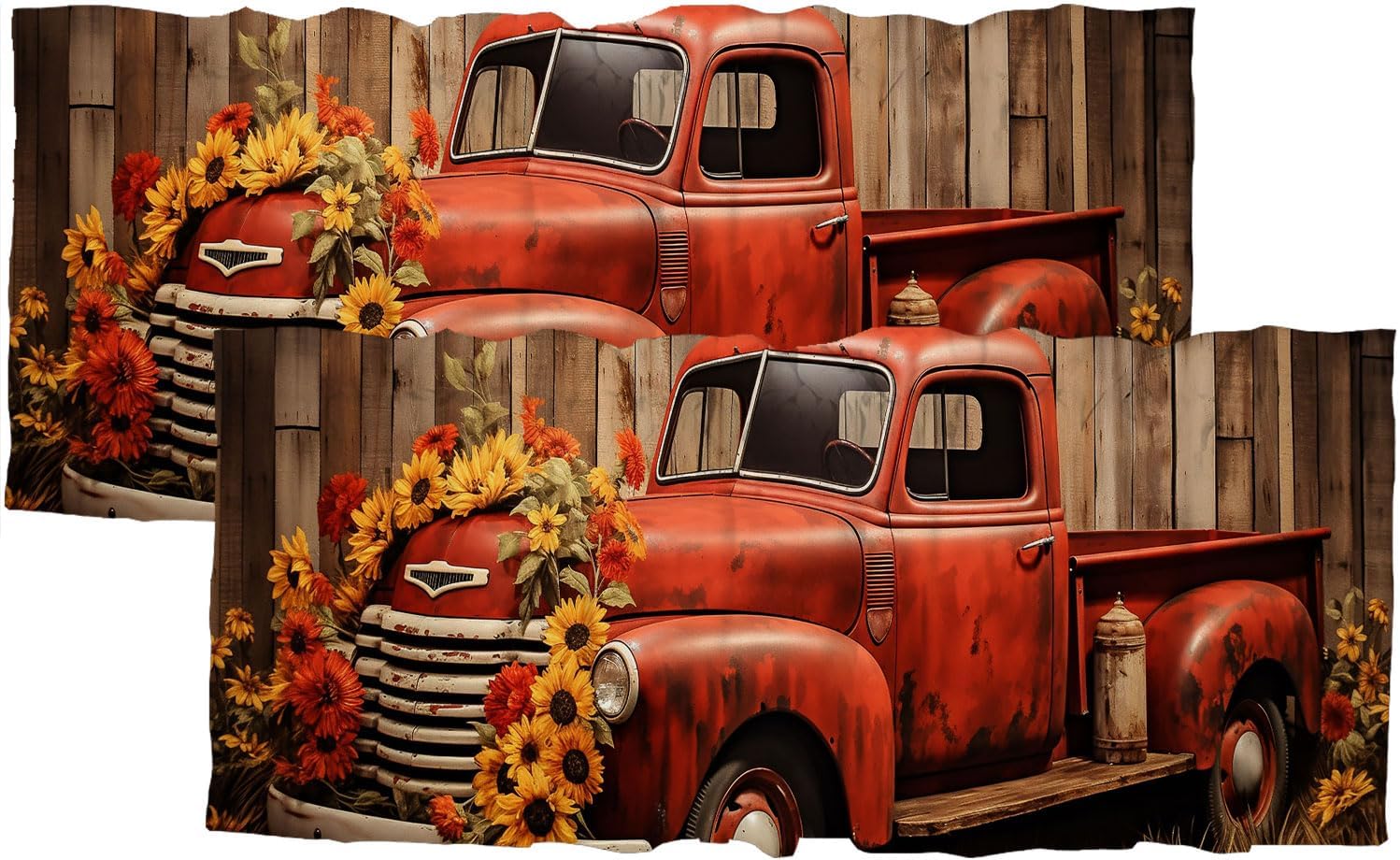 Rustic Sunflower Truck Window Curtain Valance Colorful Floral Butterfly Antique Car Farmhouse Vintage Country Rod Pocket Short Curtains For Kitchen Cafe Bathroom Window Treatment 54 X 18 Inch, 2 Panel