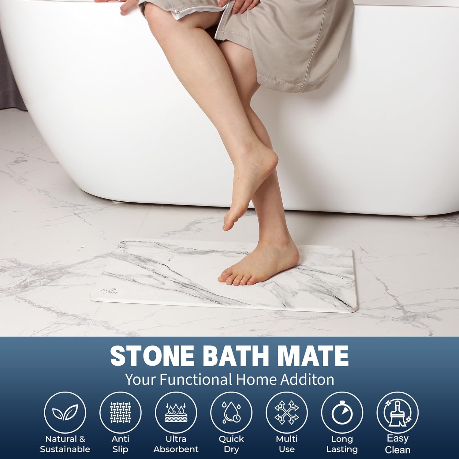Stone Bath Mat,Diatomaceous Earth Shower Mat,Fast-Drying Stone Bathroom Floor Mat,Absorbent Non-Slip Diatomite Mats for Bathtub,White Marble