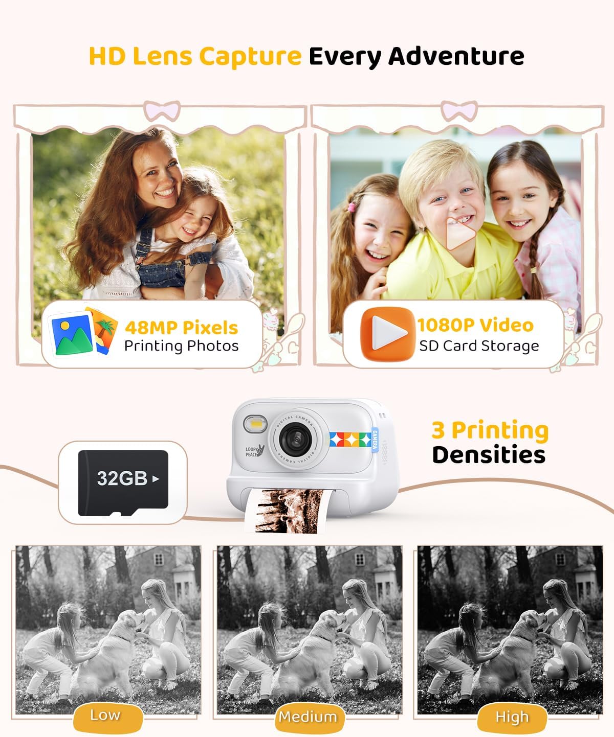 Kids Color Instant Print Camera – Kids Camera with 5 Color Photo Paper, 48MP & 1080P Video, 21 Fun Frames, 32G Card, Christmas/Birthday Gifts for Girls and Boys Ages 3 4 5 6 7 8 9 10 11 12 -White