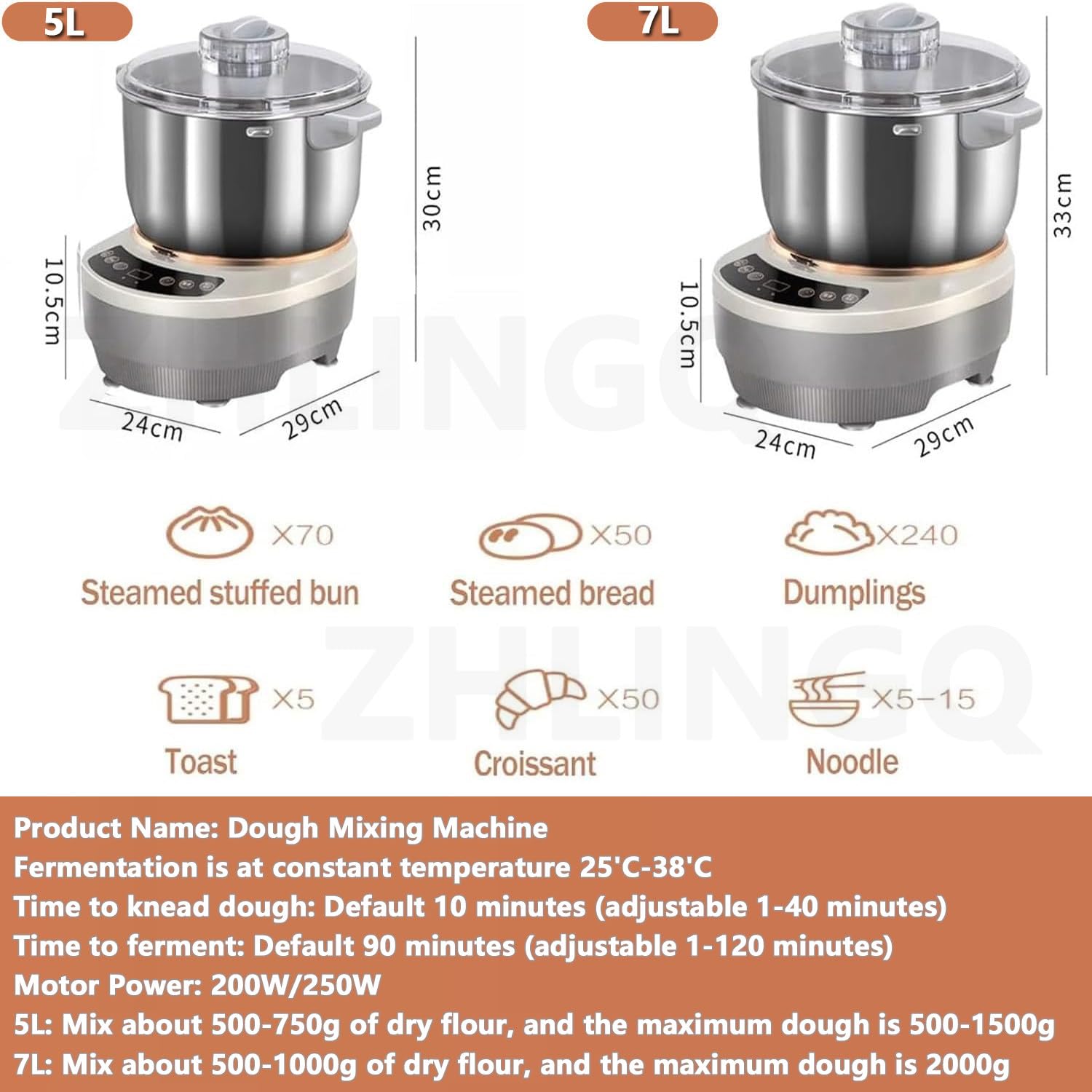 Impastatrice, Impastatrice con Funzione di Fermentazione, capacità di Impasto 5L/7L in Acciaio Inox, Impastatrice per Farina con Timer, con Misurini E Cucchiai,5L