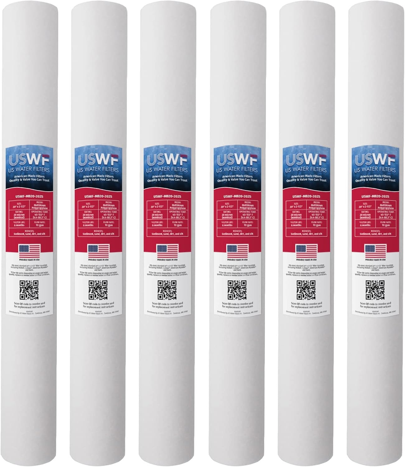 20 Micron 20 Inch x 2.5 Inch | 6-Pack Melt Blown Polypropylene Whole House Sediment Replacement Cartridge | Compatible with Purtrex PX20-20, Hydronix SDC-25-2020 | Made in the USA, US Water Filters