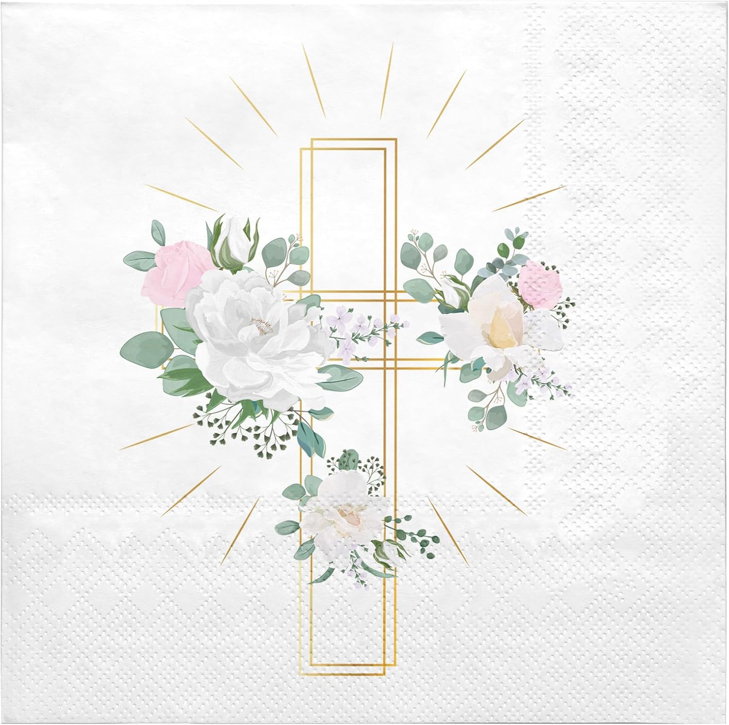 RUSPEPA 25 Pcs Religious Cross Napkin Paper, 3 Ply Gold Cross & Floral Wreath Design Disposable Napkins for Baptism, First Communion, Confirmation, Easter, Baby Shower Party Supplies, 5 x 5 Inch