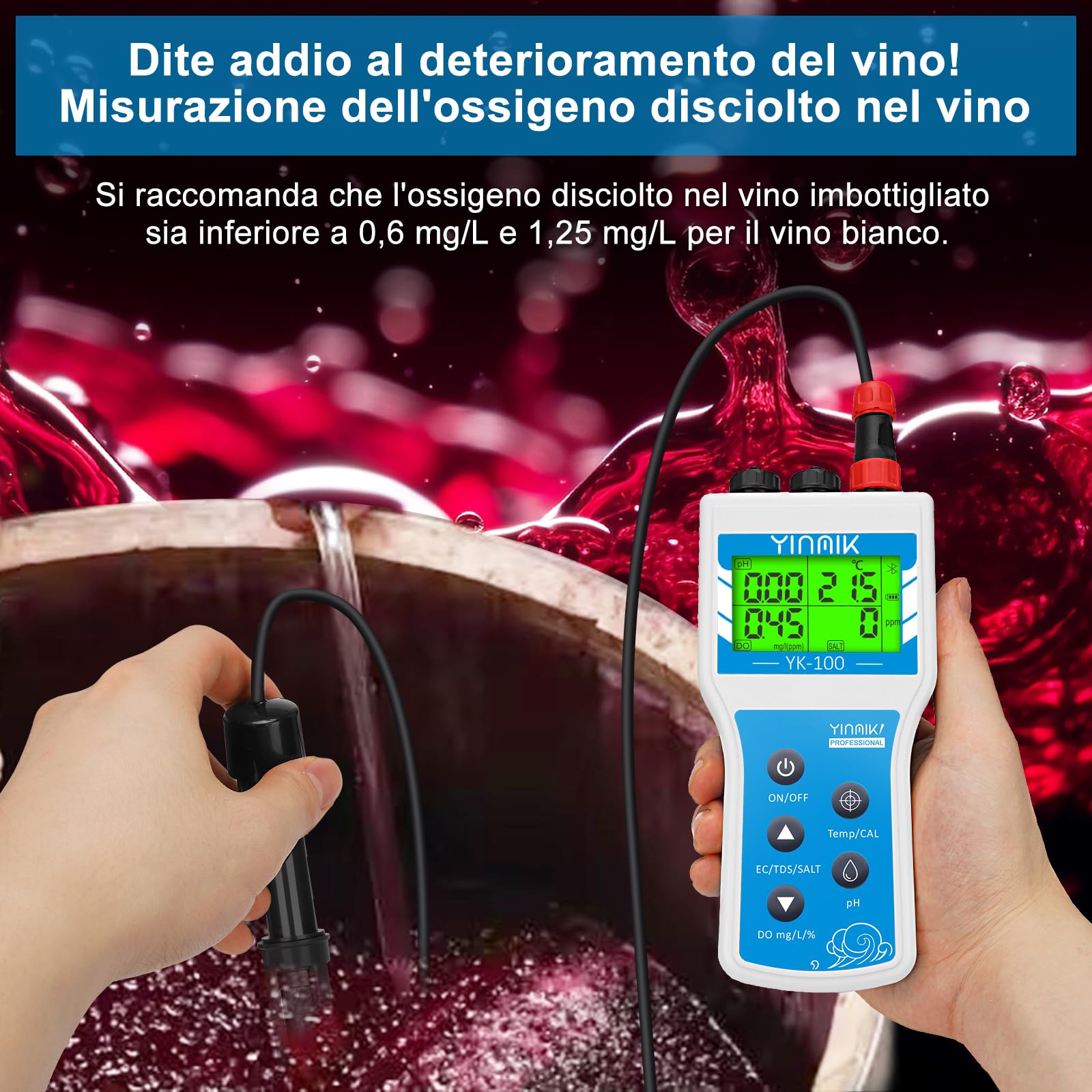 YINMIK Misuratore Ossigeno Disciolto Portatile DO Intelligente 6 in 1 | Compensazione Salinità e Altitudine, Tester pH DO SALE EC TDS, Monitor Ambiente Acquacoltura, Laghetti Koi