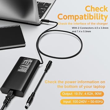 90W Charger Compatible with Dell Inspiron 11 13 14 15 17 3000 5000 7000 Series; inspiron 15 3000 15-3552, 3555, 3558, 3565, 3567, 3582, 3583, 3590, 3593, 3595 Laptop Round Connectors Power Supply