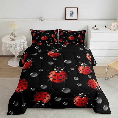 Miniatura 3 de Erosebridal Juego de edredón de mariquita tamaño Queen, juego de ropa de cama de mariquitas rojas para niños, lindo relleno de edredón de mariquita