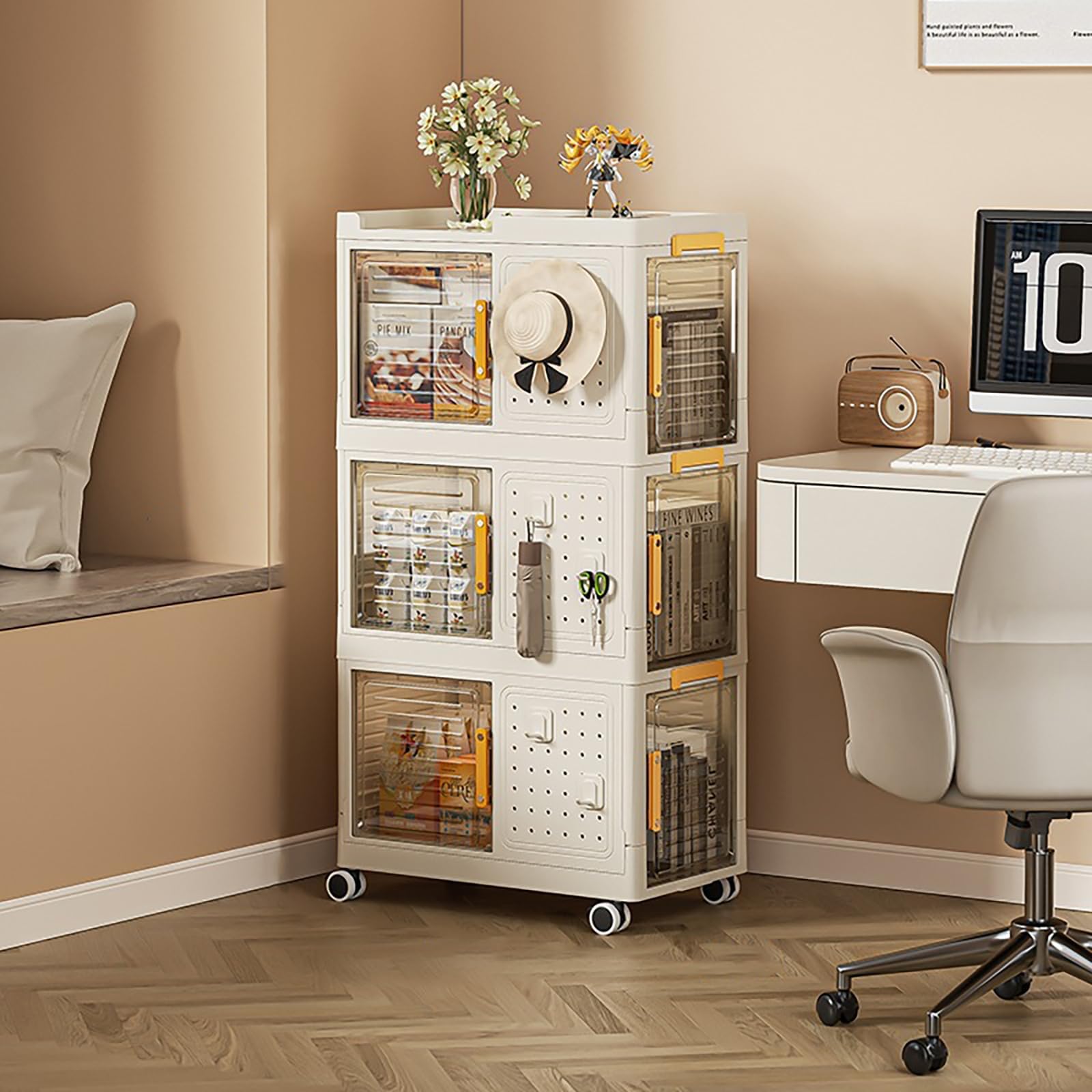 3-Tier Plastic Collapsible Storage Cabinet with Doors, Stackable Storage Bins, White