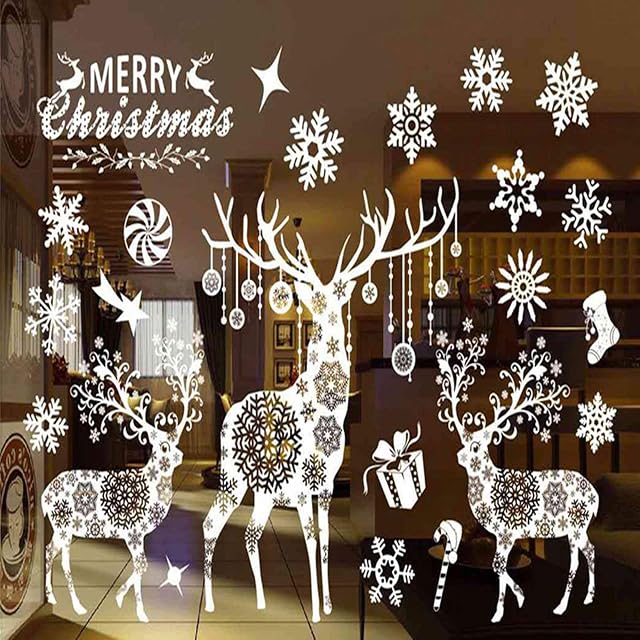 Vlovelife Merry Christmas Window Sticker, Xmas Reindeer & Snowflake Design Wall Sticker Wall Decals Removable DIY Window Door Xmas Home Decorations