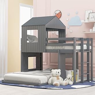 House Bunk Beds No Box Spring Needed with Roof, Window, Safety Guardrail and Ladder for Teens, Girl or Boys Loft, Twin Over Full, Gray