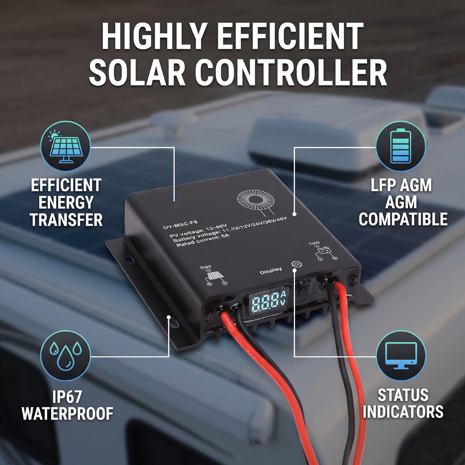 Marhynchus Contrôleur de Charge Solaire MPPT 8A 150W IP67 étanche pour