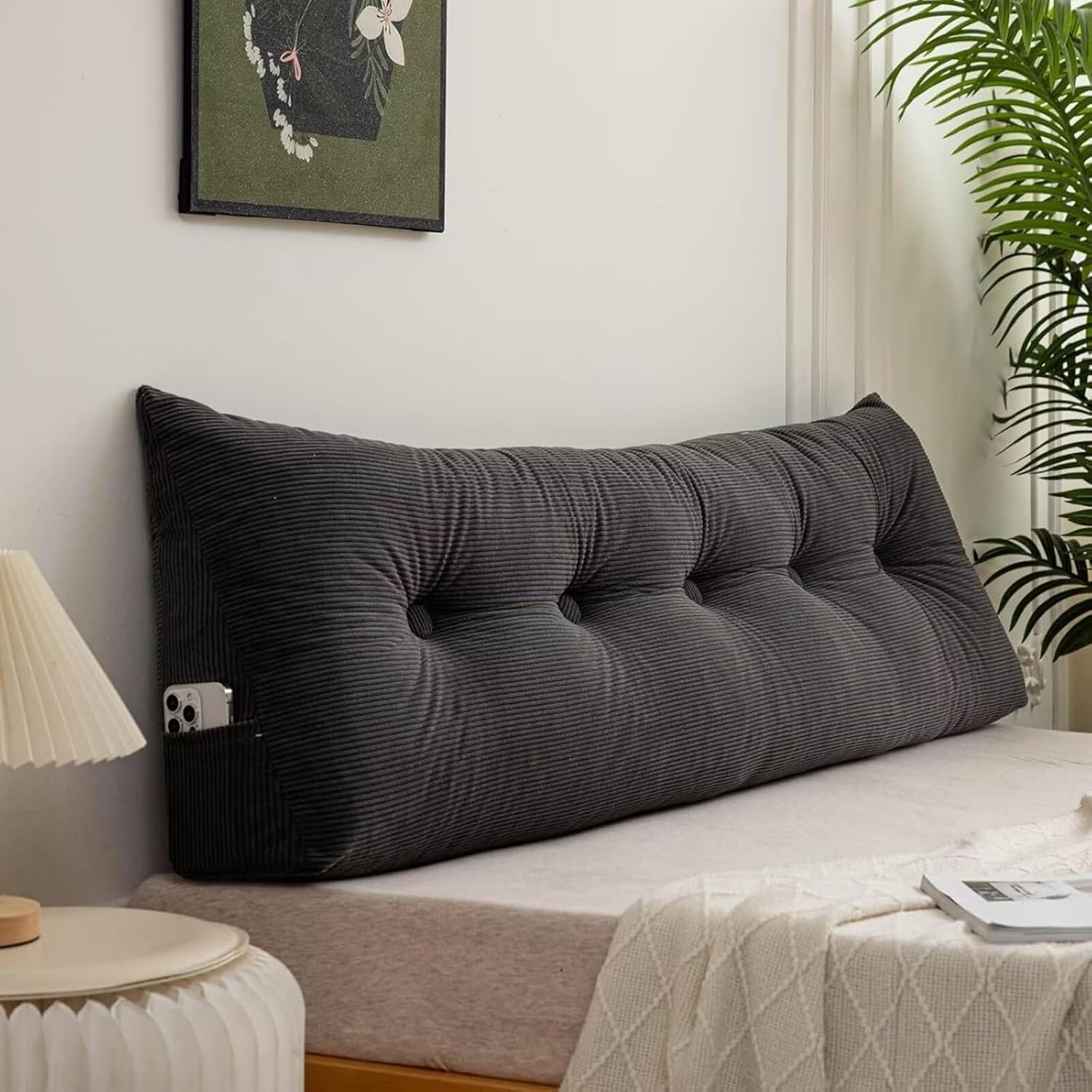 Triangular Headboard Pillow Twin XL Dorm Soft Orange Bolster Bed Wedge Pillows for Headboard Gap Large Daybed Cushion with Side Pockets (Black, Twin：39x16in)