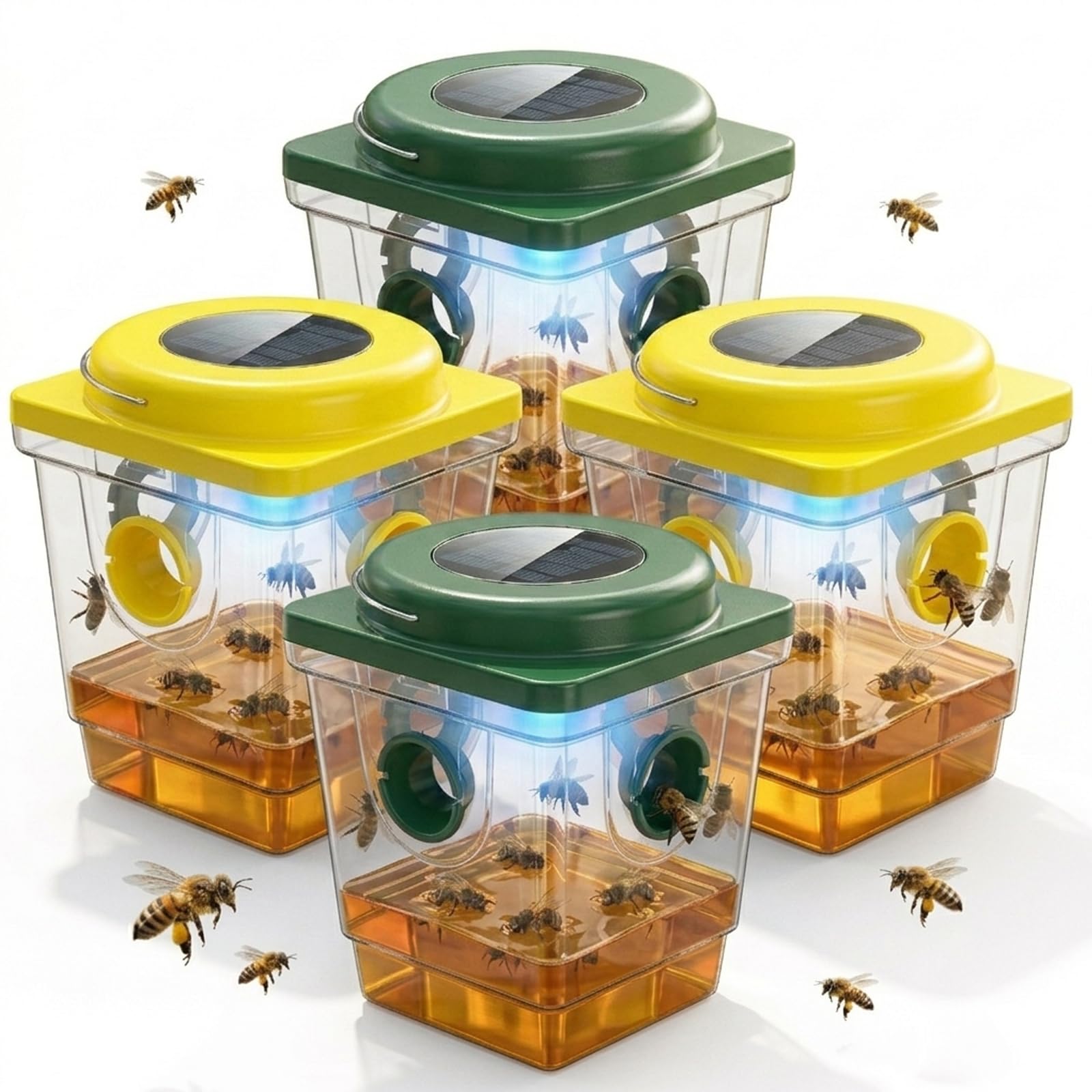 Lot de 4 pièges à guêpes solaires à suspendre pour l'extérieur : pièges jaunes réutilisables avec lumière LED – Pièges à abeilles de charpentier efficaces à énergie solaire pour terrasse – Dissuasif