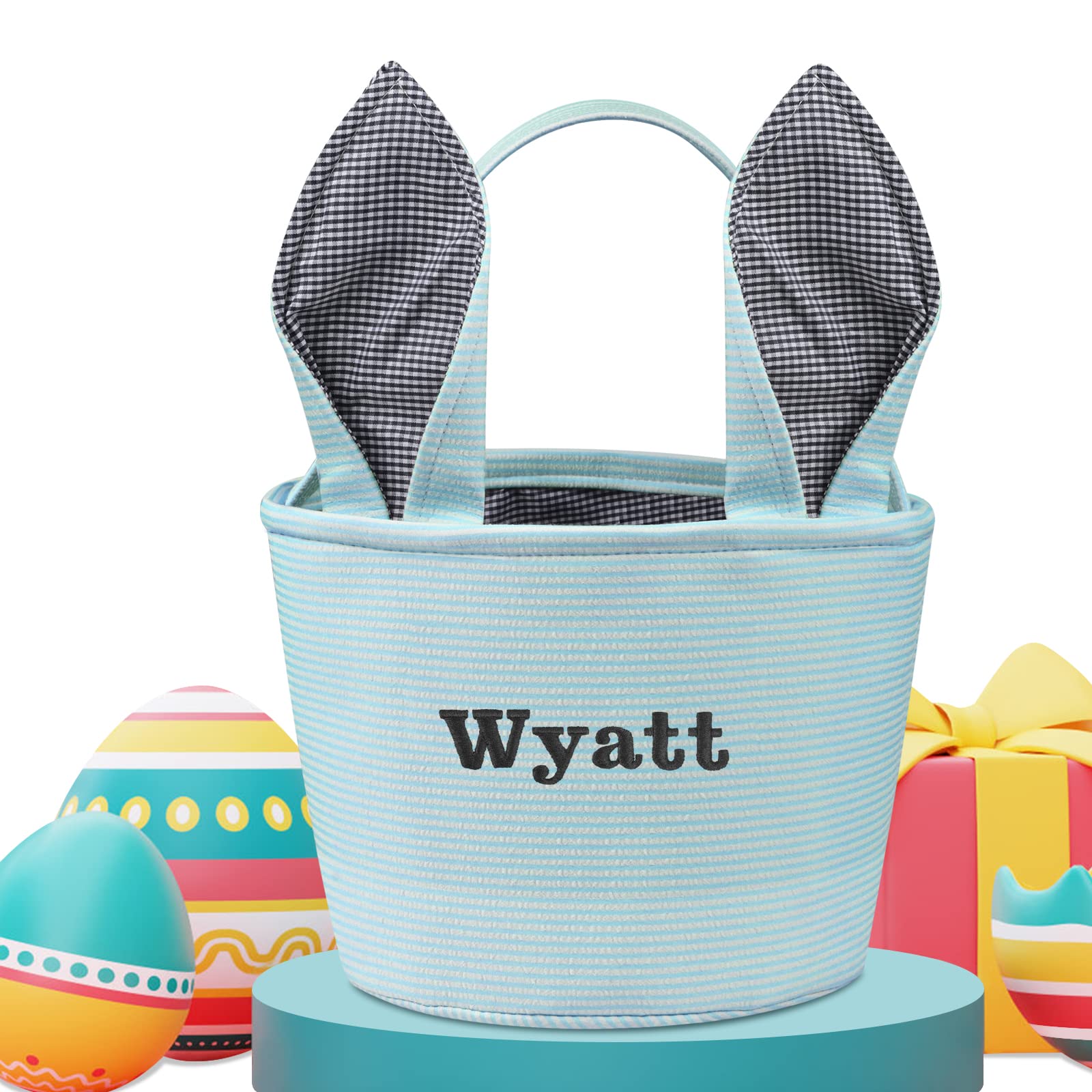 Touber Personalized Easter Basket, Easter Bunny Basket with Ears Custom Easter Basket with Name Easter Basket Bags for Kids Easter Eggs Hunt Baskets Easter Basket for Boys Girls - Blue