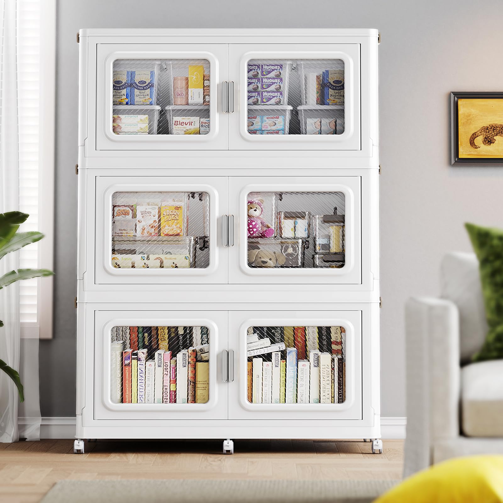 - BROVIEW 225Gal/900 Qt Extra Large Stackable Storage Bin with Lids, Folding Plastic Storage Boxes Open Front Door, Heavy-Duty Collapsible Cabinet for Home Kitchen Storage and Organization, 3Pack White