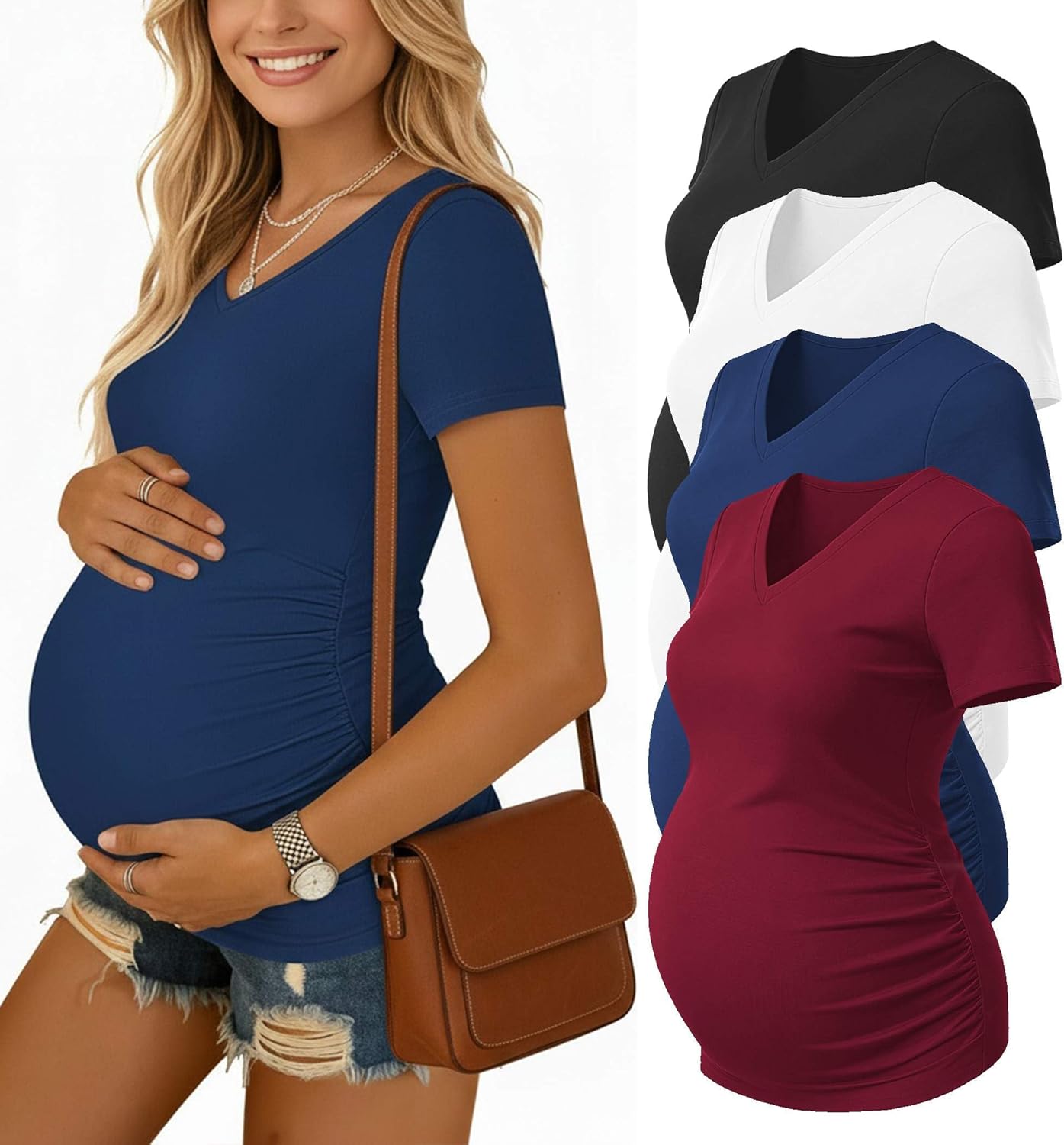 Ekouaer 4 Pack Maternity Shirts V Neck Maternity Top Short Sleeve Casual Tee Side Ruched Pregnancy Clothes