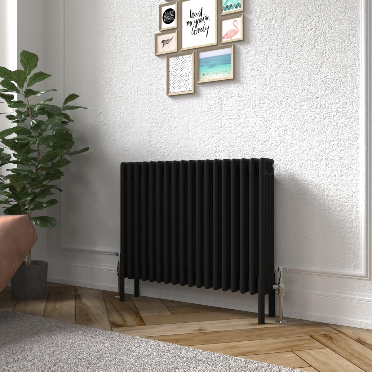 Warmehaus Black Traditional Cast Iron Style Quadruple Column Horizontal Radiator 600X830mm - Perfect For Bathrooms, Kitchen, Living Room