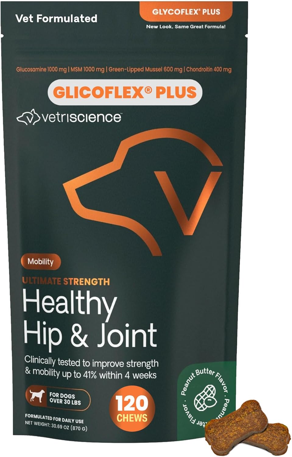 VetriScience Ultimate Strength Healthy Hip & Joint Chews, GlycoFlex Glucosamine, Chondroitin & Green-Lipped Mussel Joint Support Supplement for Dogs, Soothe Joint Discomfort, Peanut Butter, 120 Count
