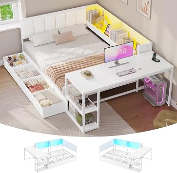Corner Full Bed Frame with Gaming Desk, Storage Shelves and 4 Drawers,White