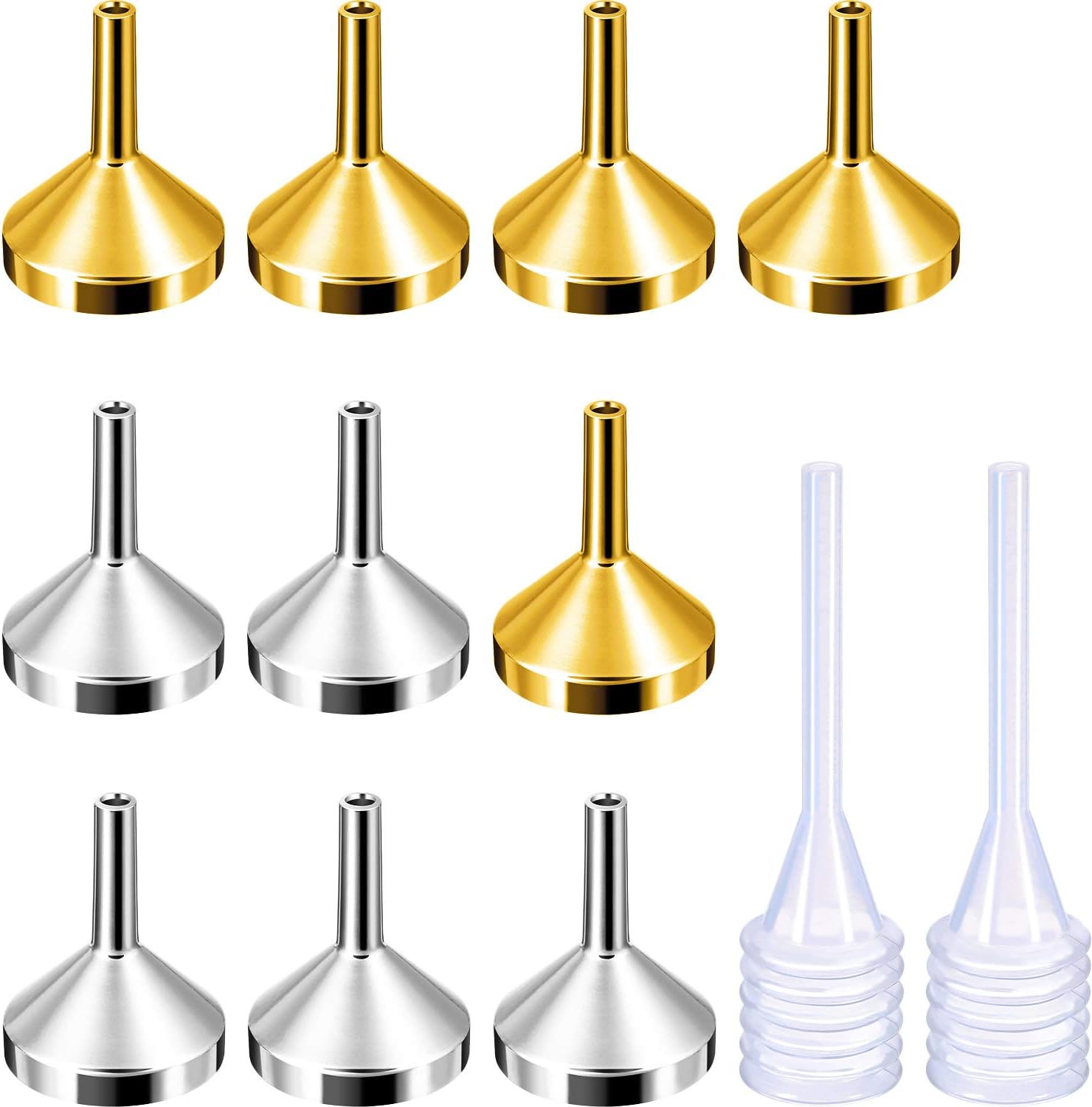 TecUnite 10 Pack Small Metal Funnels with 2 Pack Mini Pipette for Filling Small Mini Bottles or Containers, Atomizers, Perfume, Liquid (Silver and Gold)