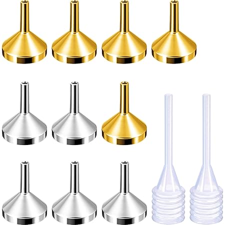 TecUnite 10 Pack Small Metal Funnels with 2 Pack Mini Pipette for Filling Small Mini Bottles or Containers, Atomizers, Perfume, Liquid (Silver and Gold)