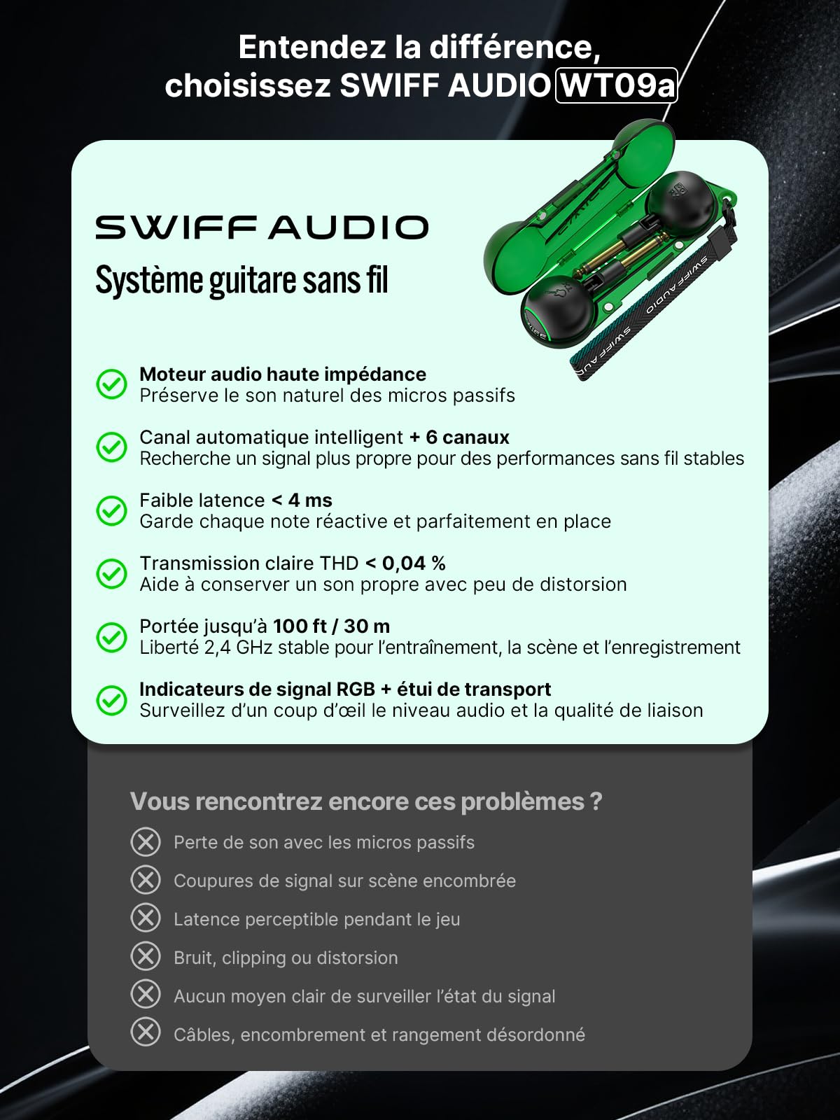 SWIFF Audio WT09a Système sans Fil pour Guitare 2,4 GHz, émetteur récepteur pour Guitare et Basse, 6 canaux, entrée Haute impédance, Latence Moins de 4 ms, portée 30 m, étui magnétique Inclus