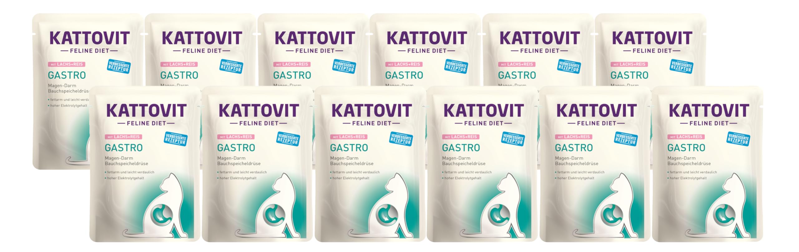 Kattovit Feline Diet Gastro 12 x 85g Lachs & Reis | Für Katzen mit Gastro-intestinalen Problemen | fettarm und leicht verdaulich | Nassfutter