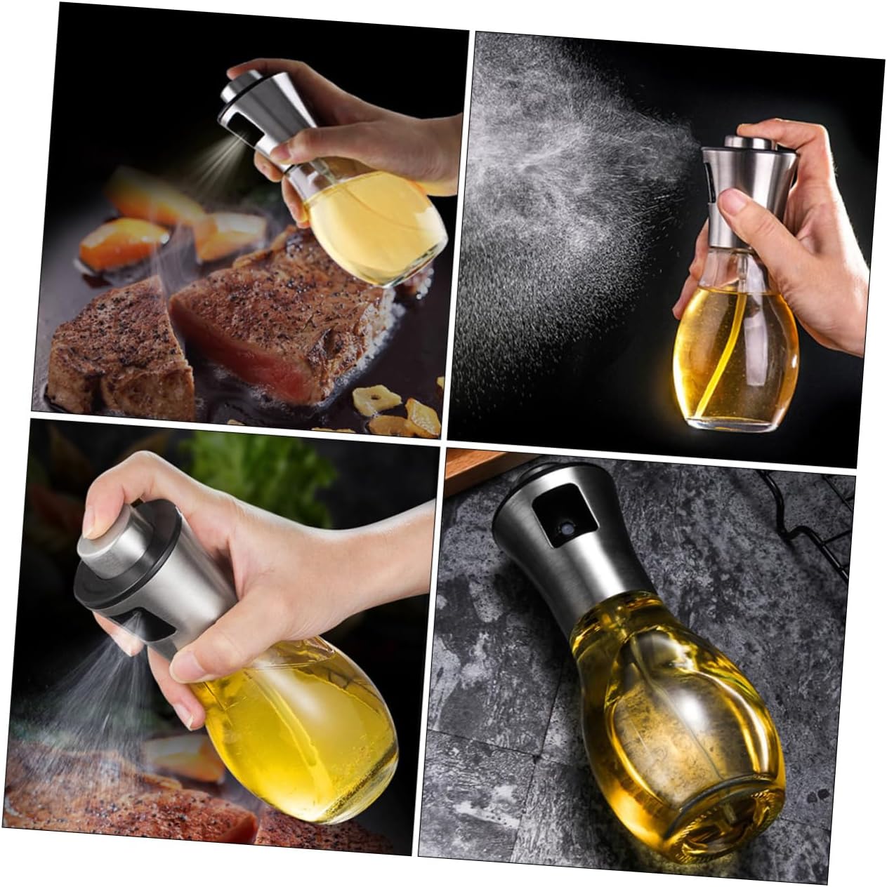 PRETYZOOM Stainless Steel Oil Spray Bottle Set 2 Glass Oil Dispenser Bottles for Cooking BBQ and Salad Dressings Fine Mist Kitchen Vinegar Containers