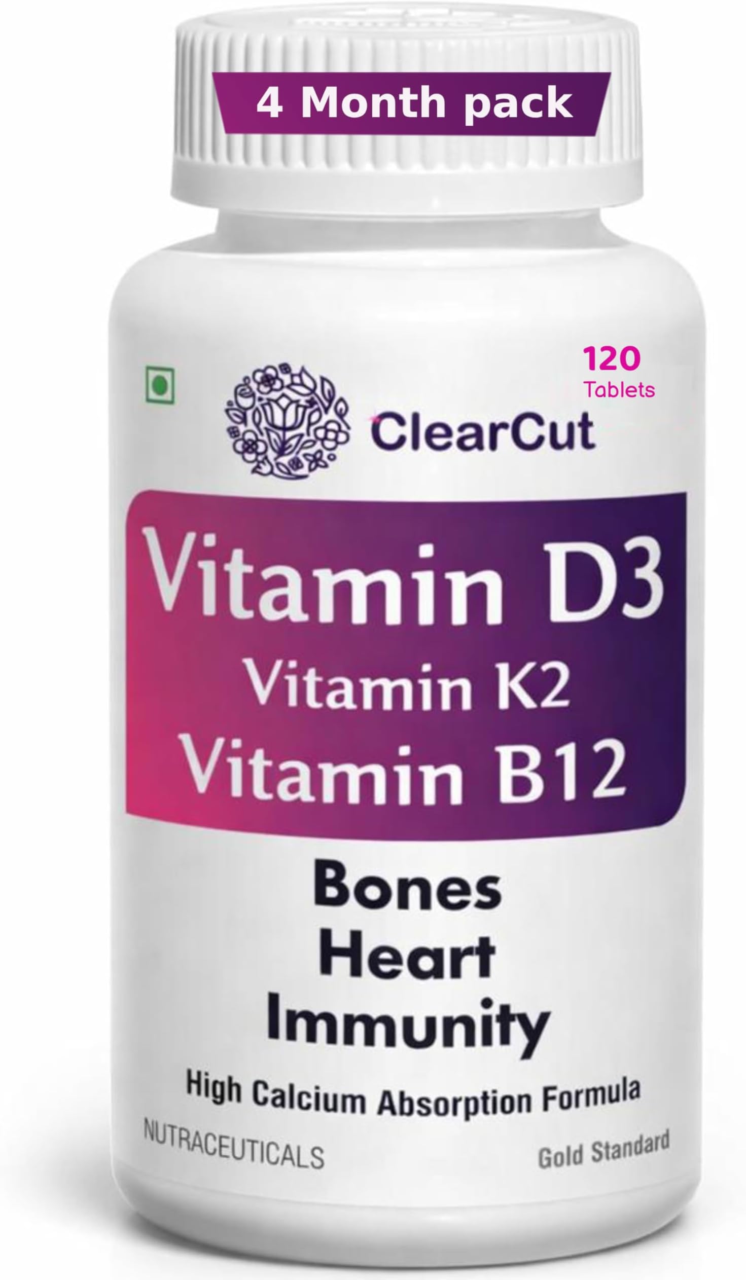 ClearCut Vitamin D3 K2 B12 Calcium tablet Joints bones Boosting Immunity supplement for men women 120