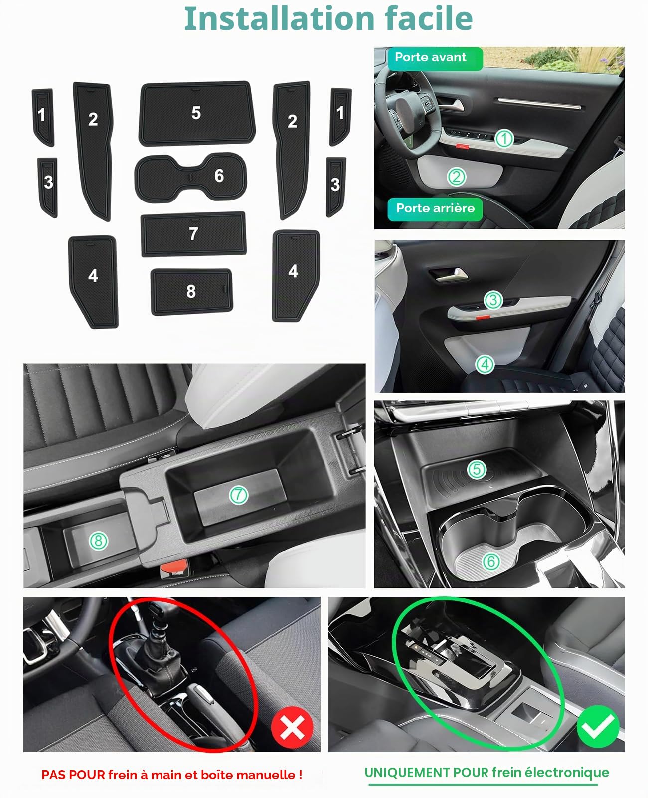 GAFAT Compatible avec Citroën C3 Aircross 2025 2026 2027 e-C3 Aircross EV (Frein Électronique) Tapis Antidérapants, Accessoires Tapis en Caoutchouc pour Console Centrale, Couture de Porte (Noir)