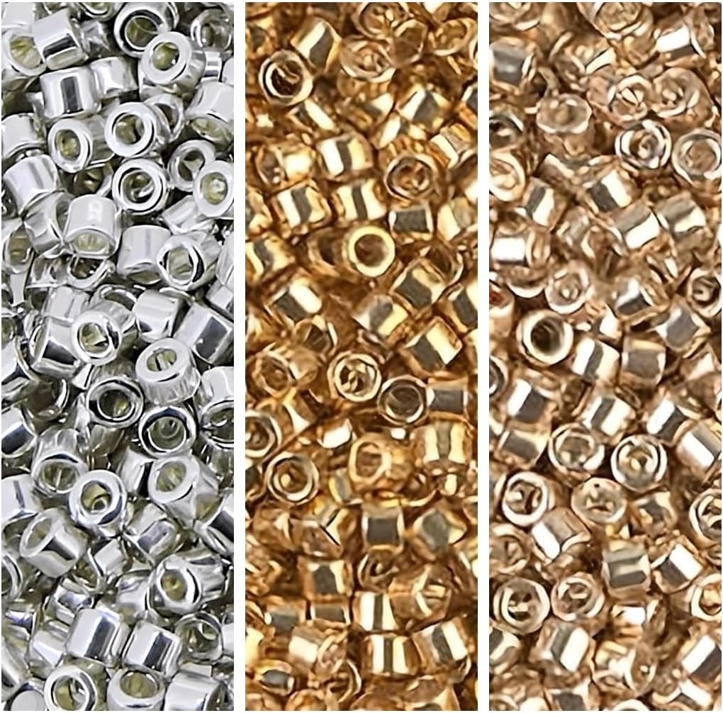 Set of 3 Colors, 21GM, Miyuki Delica Seed Beads Size 11/0, 7GM/Color, Galvanized Silver DB035, Gold DB410, Champagne DB433