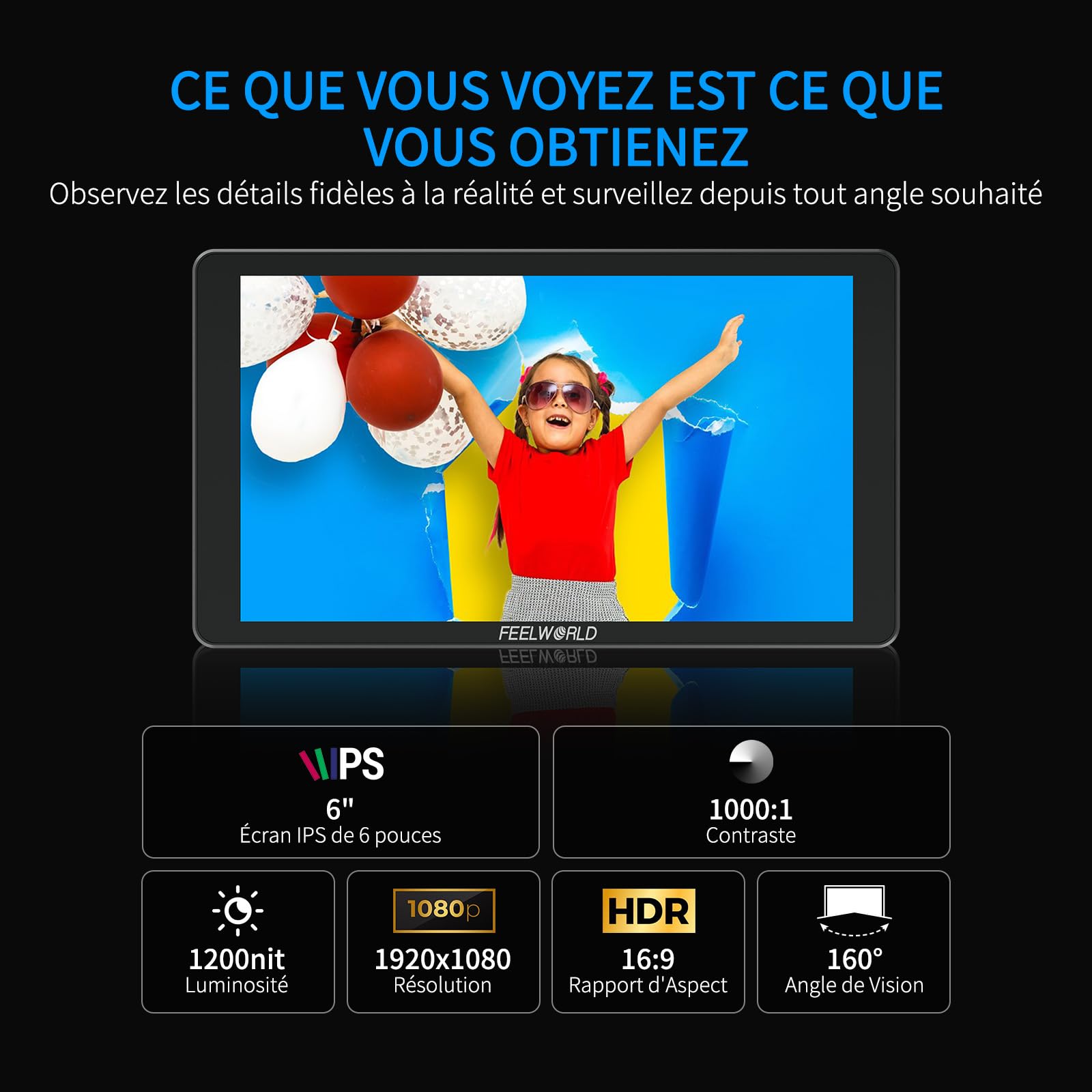 FEELWORLD P6XL Moniteur de Caméra DSLR à Écran Tactile 6 Pouces Moniteur de Terrain 1200Nit avec Batterie Intégrée 4K HDMI 3DLUT HDR Waveform Screenshot Boîtier en Aluminium
