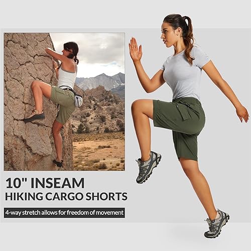Miniatura 3 de baleaf Pantalones cortos largos de senderismo para mujer de 10 pulgadas, estilo cargo, de secado rápido, con bolsillos, UPF 50+, resistentes al agua