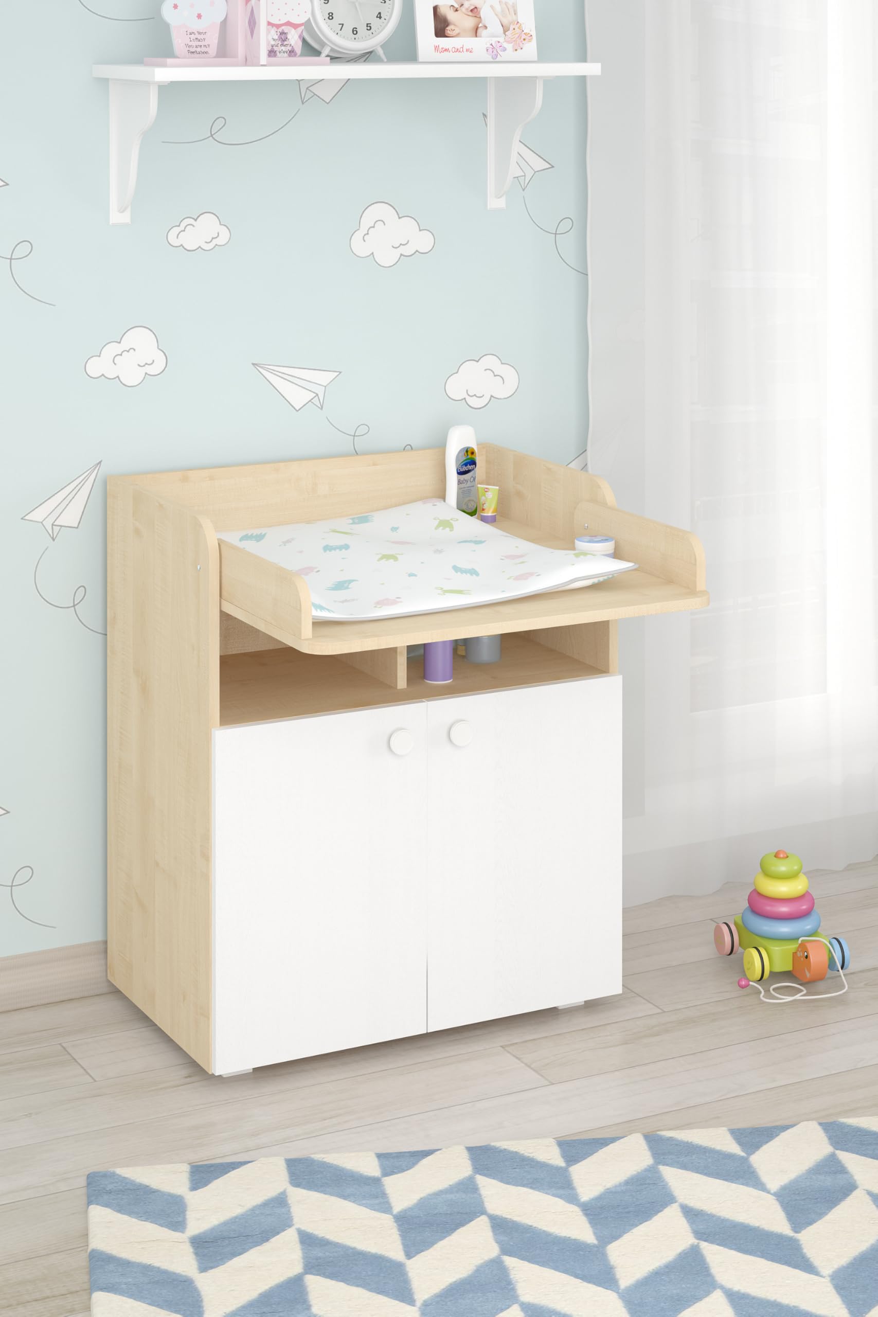 Shefa Wickelkommode 700 - Moderne Babyzimmer Kommode, 47 x 70 x 86 cm Farbauswahl (Weiß Natur)