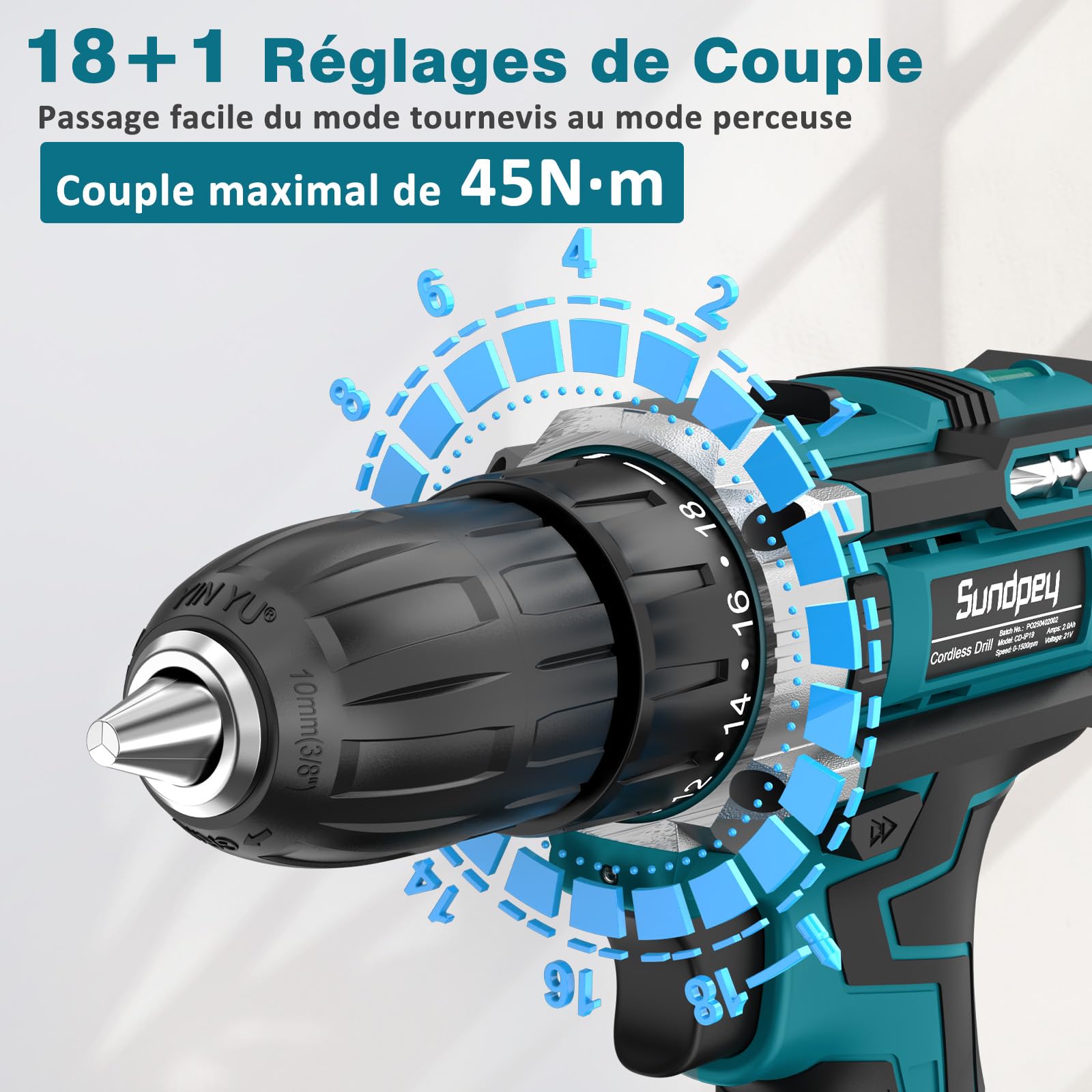 Sundpey Visseuse Devisseuse Sans Fil 21V - Perceuse Visseuse Sans Fil avec 2 Batteries 2,0Ah, 1500RPM 45Nm Max Visseuse Electrique, 2 Vitesses, 18+1 Réglages de Couple, LED, pour Bricolage à Domicile