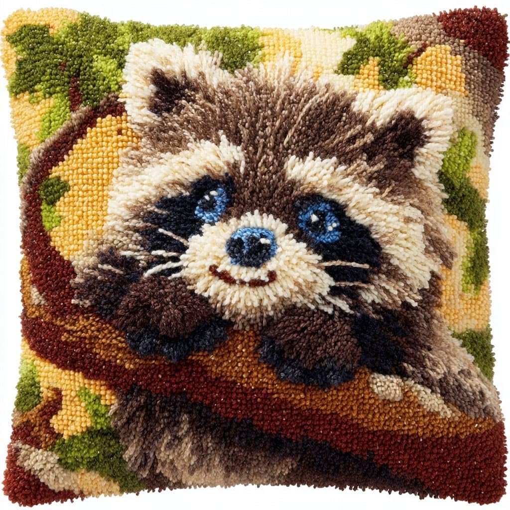 WallustrioaW DIY Latch Hook Cushion Kits,Animal Raccoon
