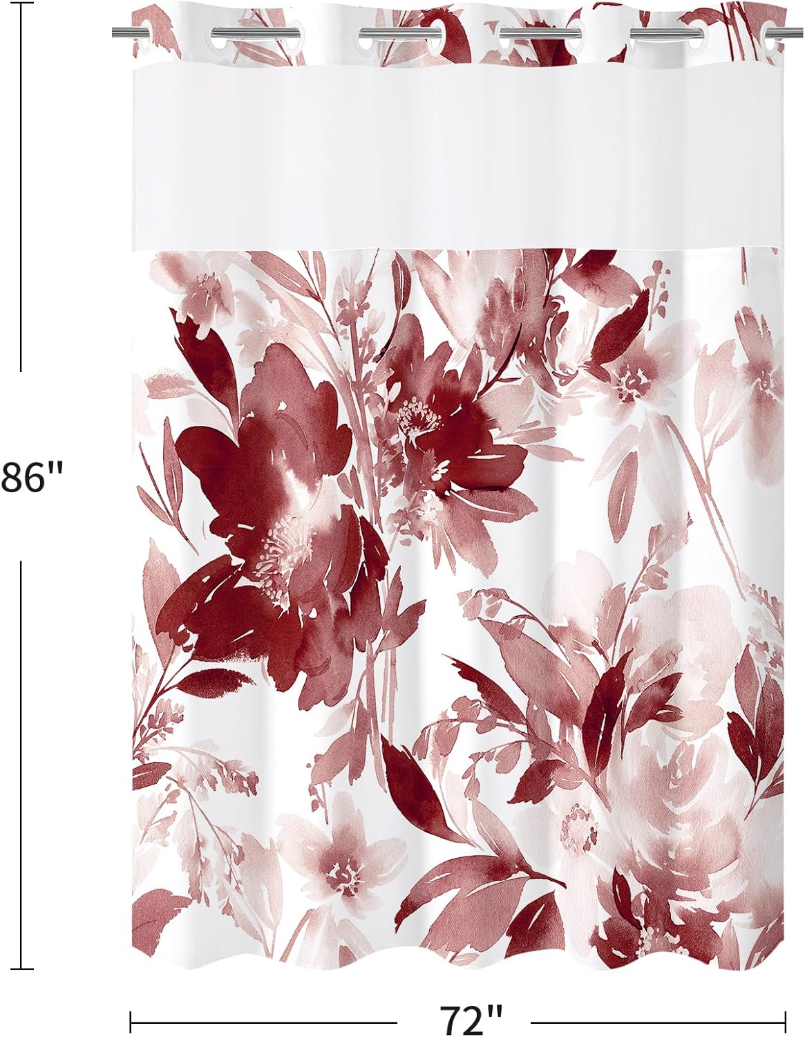Litabel Extra Long No Hook Burgundy Watercolor Floral Shower Curtain and Liner Set, Flower Shower Curtains with Snap in Liner for Summer Bathroom Decor, Botanical Waterproof Shower Curtain Set,72x86