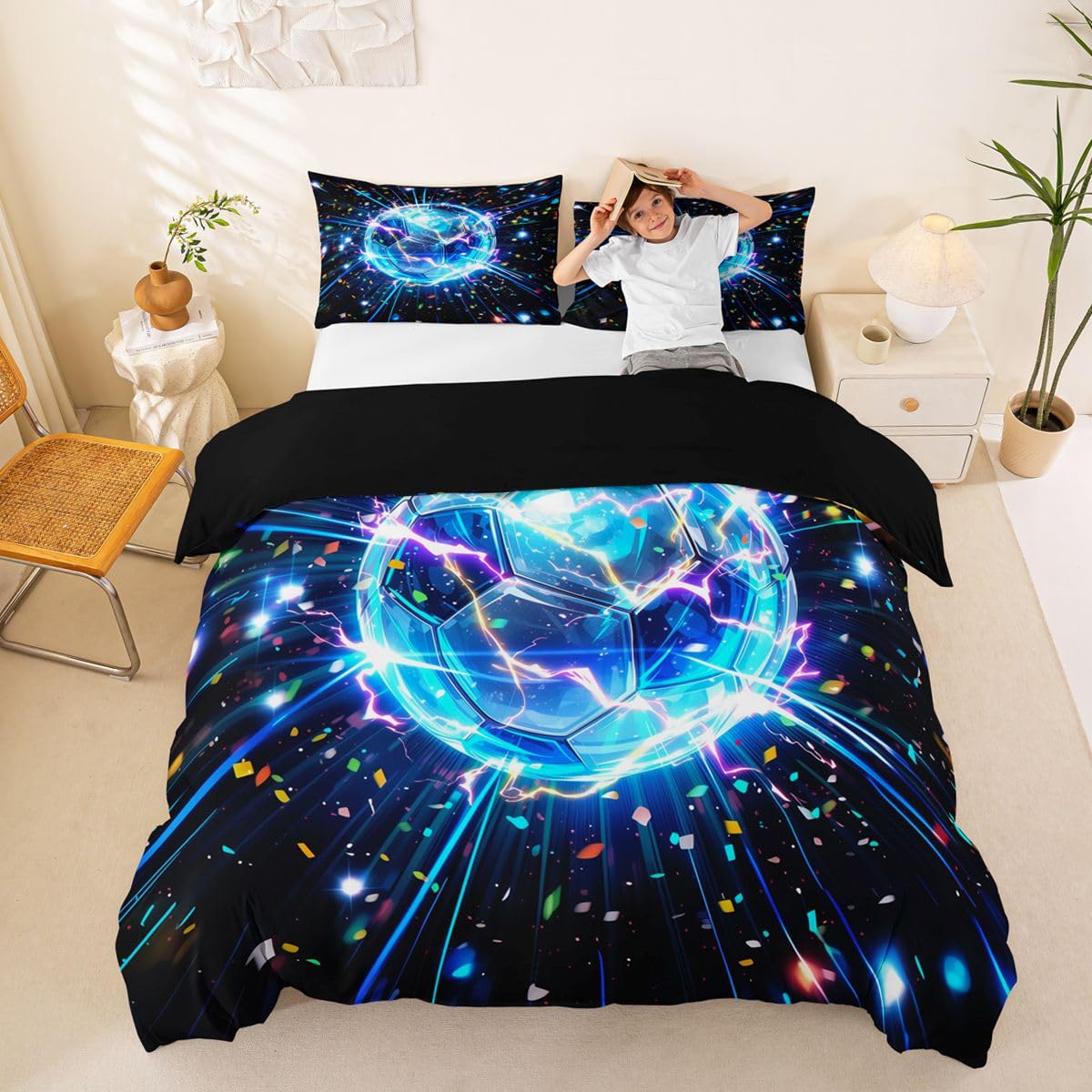 Homewish Lightning Soccer Super King poszewka na kołdrę niebieski neon piłka nożna zestaw pościeli estetyczna sztuka świecąca piłka nożna poszewka na kołdrę fajne sporty piłka gra zestawy łóżek