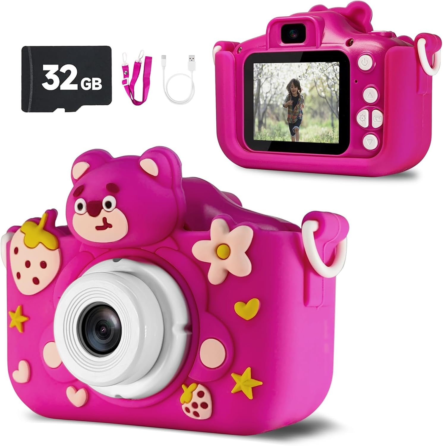 Kids Camera with 32GB SD Card - 1080P HD Digital Selfie Video Camera for Boys & Girls Ages 3 4 5 6 7+ Portable Toddler Toy with Cartoon Design, Christmas Birthday Gifts