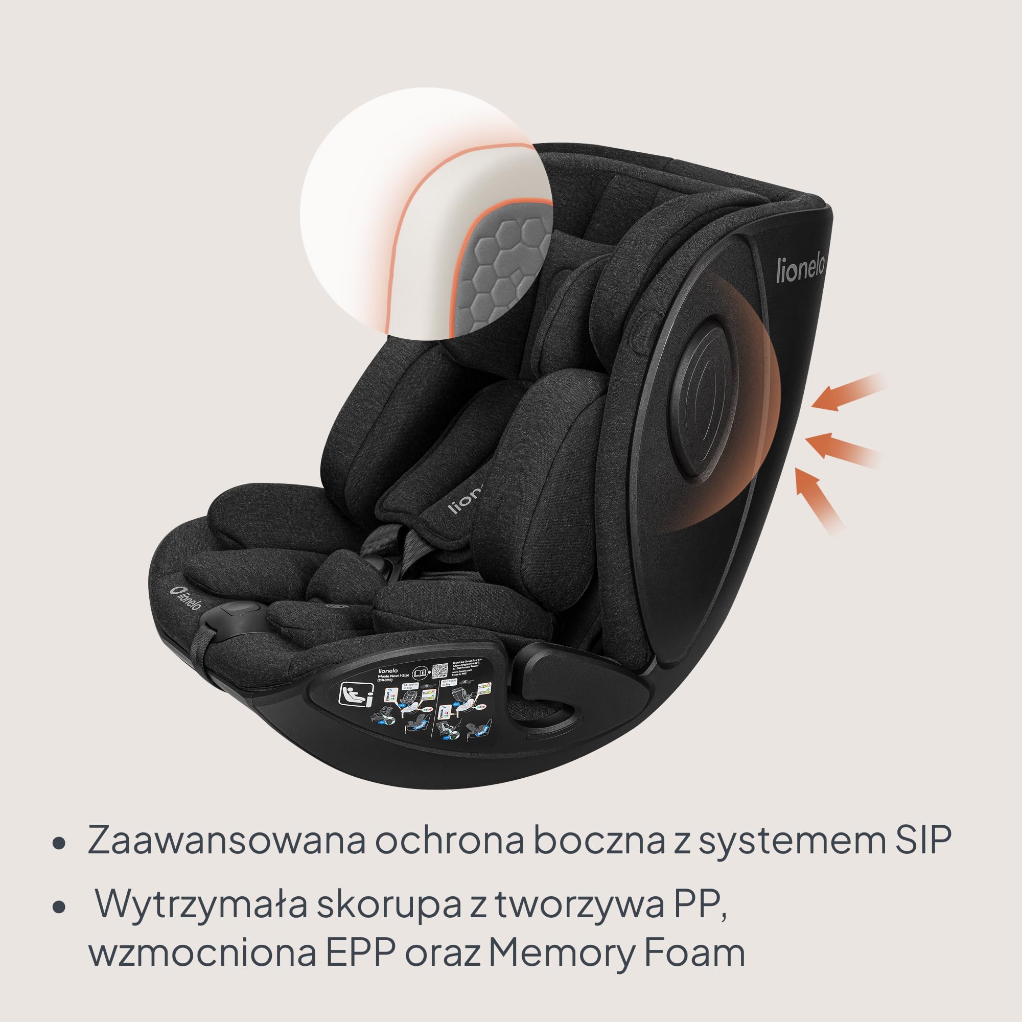 Lionelo Moxie Next i-Size fotelik samochodowy dla dzieci około 0-4 lat 40-105 cm 0-18 kg SIP ochrona boczna, regulacja zagłówka i oparcia, instalacja tylko do przodu i do tyłu z podstawą Moxie Next