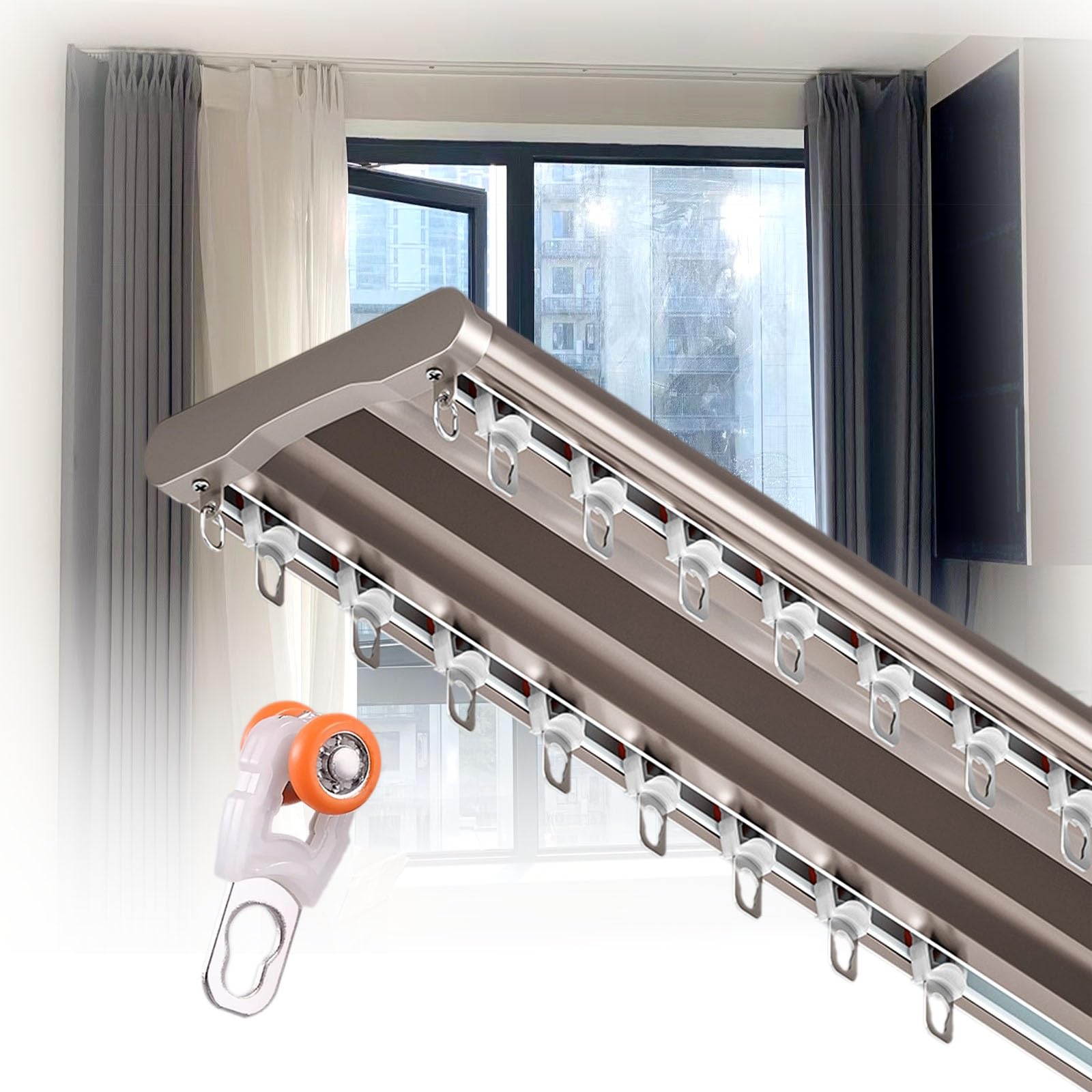 WQPMNYG Double Aluminum Ceiling Curtain Rod, 180cm - Sliding Drapery Rod for Living Room, Bedroom & Bathroom Divider - Stylish Champagne Finish, Adjustable 190-500cm