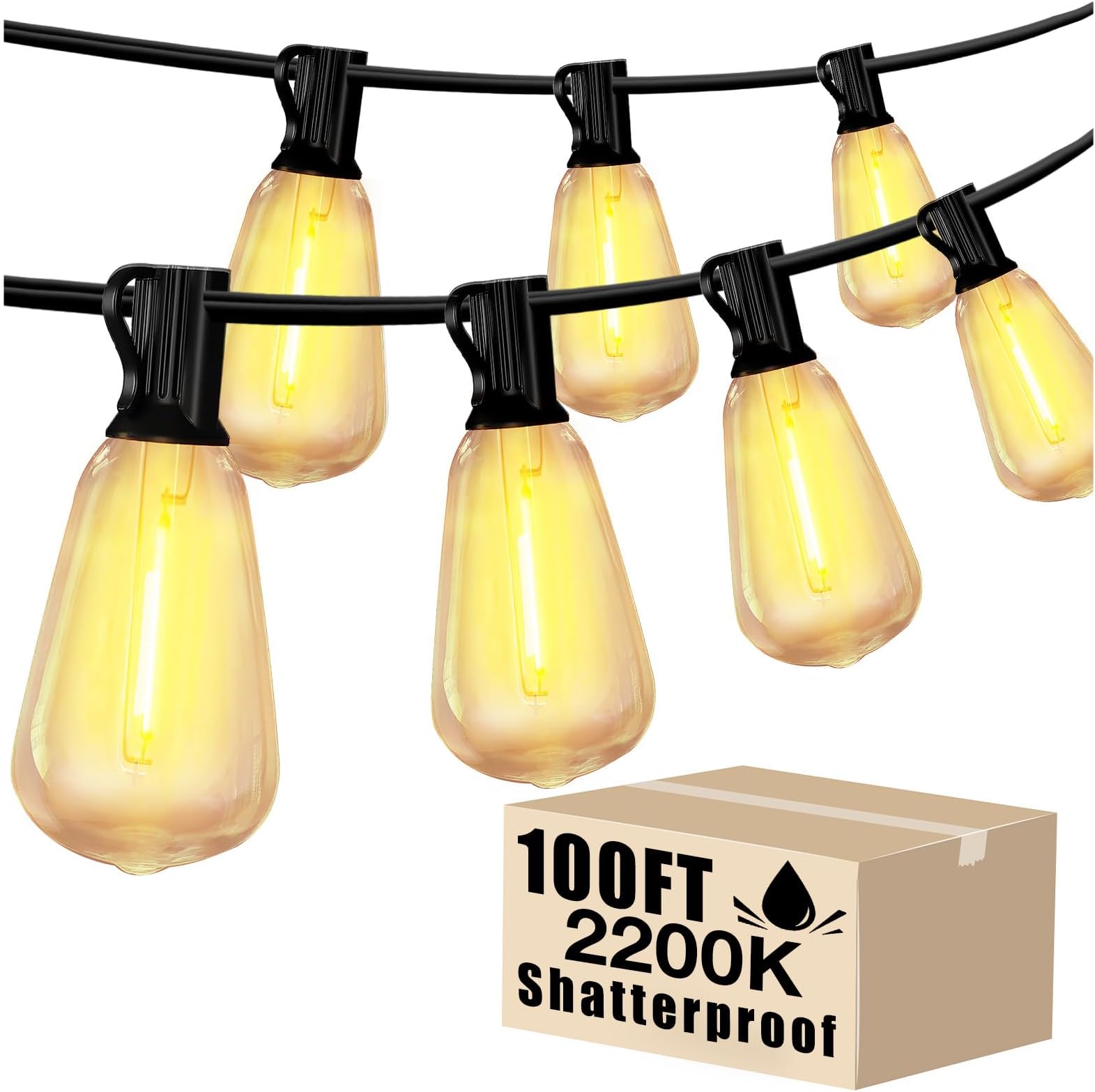 DAYBETTER Outdoor String Lights Waterproof LED Edison Outside Lights, 2200K 34 Shatterproof ST38 Bulbs, Hanging Umbrella Lite for Garden Camping Patio Porch Backyard Deck Balcony