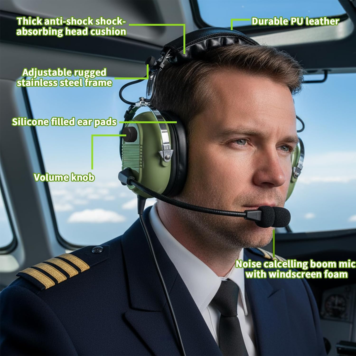 WODASEN Aviation Pilot Headset for Students Flight School Passive Noise Canceling Aircraft Headphones with Boom Mic