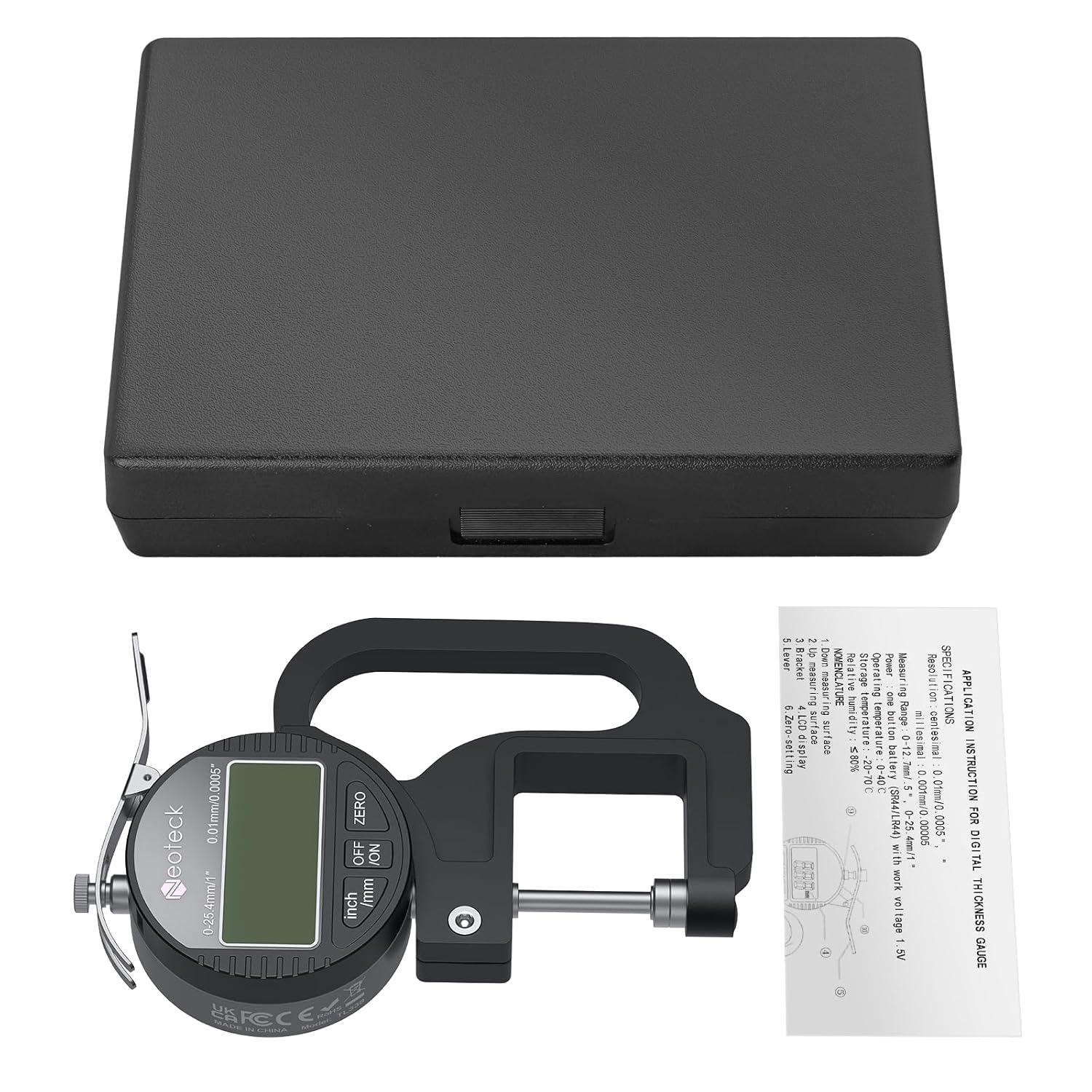 Neoteck Digital Thickness Gauge 1inch/25.4mm,0.0005inch/0.01mm LCD Display with Inch/MM Conversion One-Hand Quick Press Thickness Measuring Tool for Leather Paper Fabric Film etc.-Silver-Black