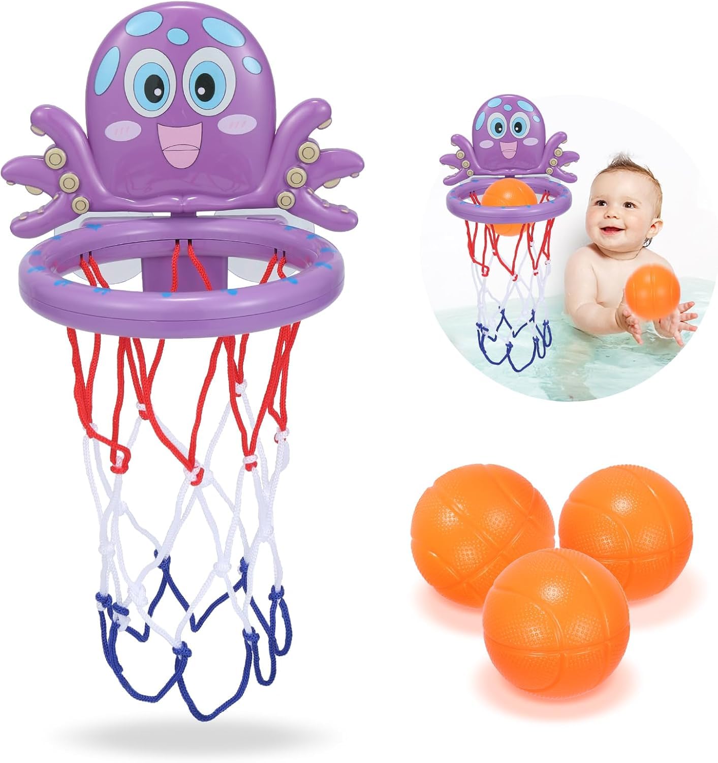 Bath Toy Basketball Hoop Set for Toddlers Ages 1-3 & 4-8, with Strong Suction Cup and 3 Mold-Free Balls, Bathtub Shooting Game for Boys Girls Baby, pool toys (Purple)