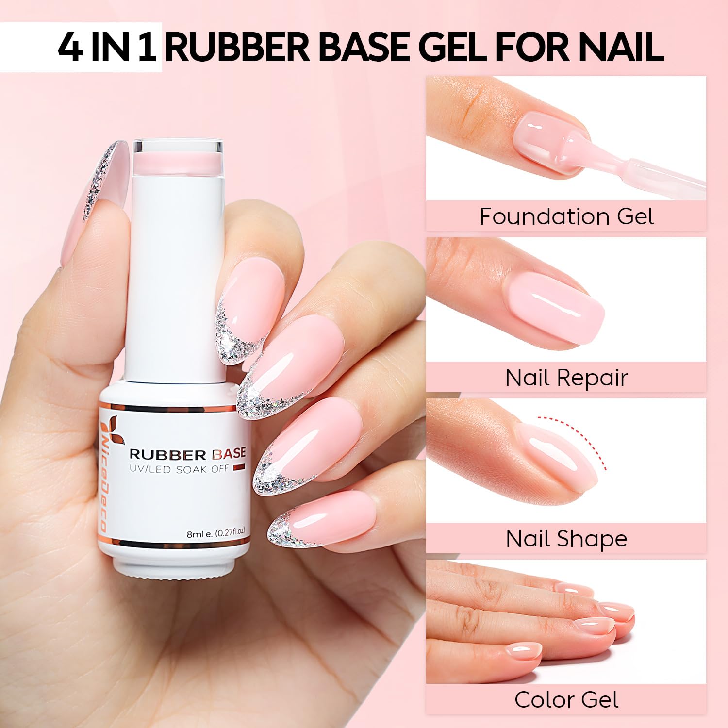 Nicedeco 4 in 1 Professionale Base Rubber Gel Kit Smalto Semipermanente Nudo per Unghie UV LED Soak Off Gel Set 37, 6X8ML
