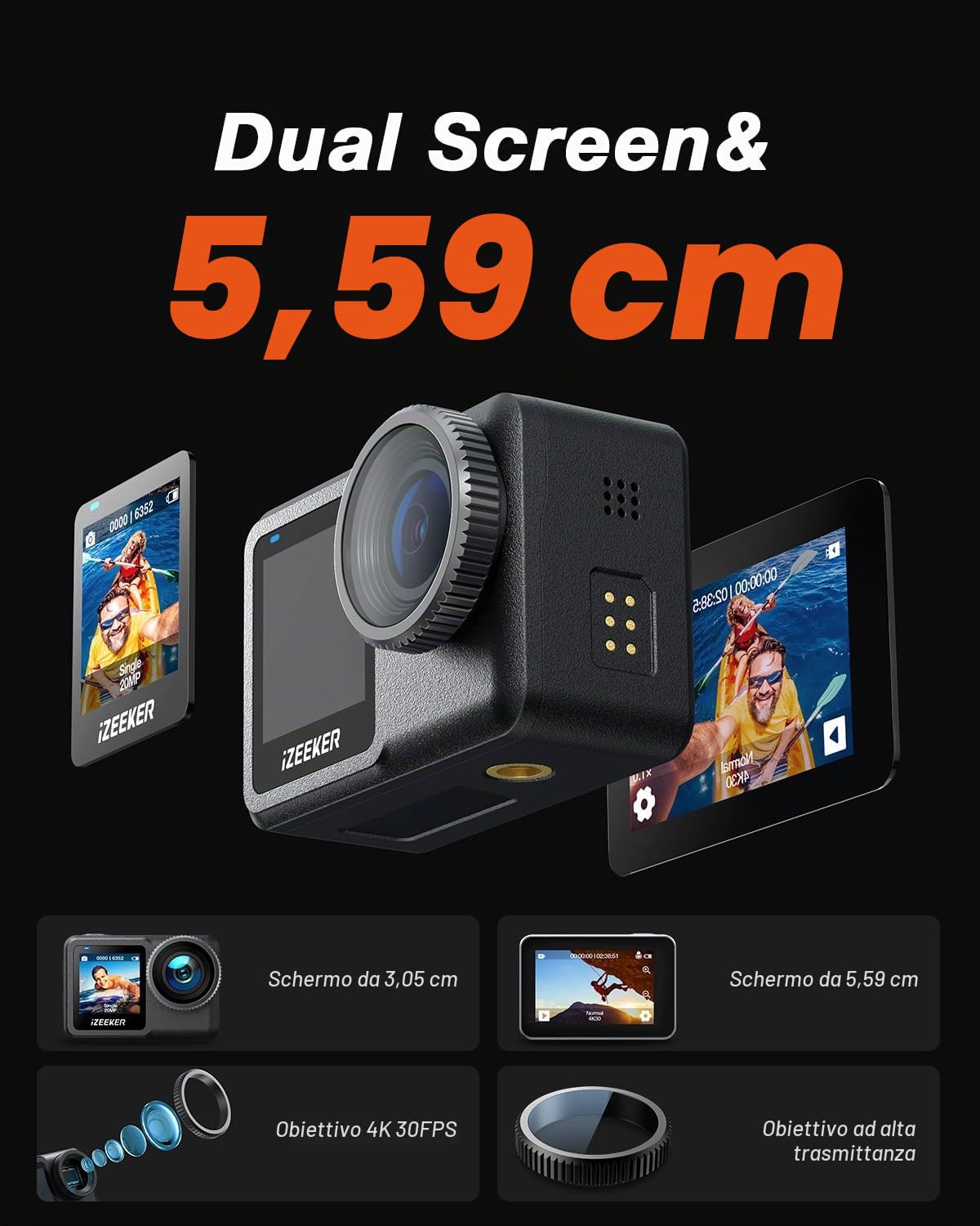 iZEEKER iA400 Action Cam 4K 20MP 5G WiFi 64GB Memoria, 40M Fotocamera Subacquea 12M Impermeabile(Senza Custodia) Doppio Schermo 2.2" Touchscreen Vlog Camera, 1600mAh-Batteria Telecamera 6-AXIS EIS