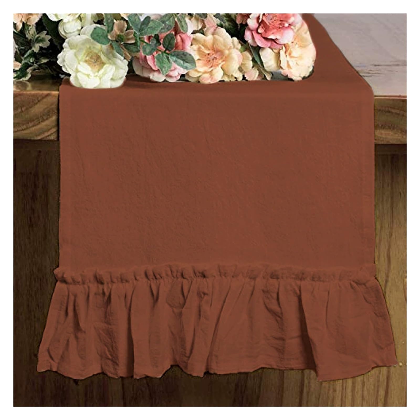 Ruffle Table Runner Pure Color Table Runner Shabby Chic Ruffled for Shower Bride Rustic Home Decoration(Brown,30x180cm)