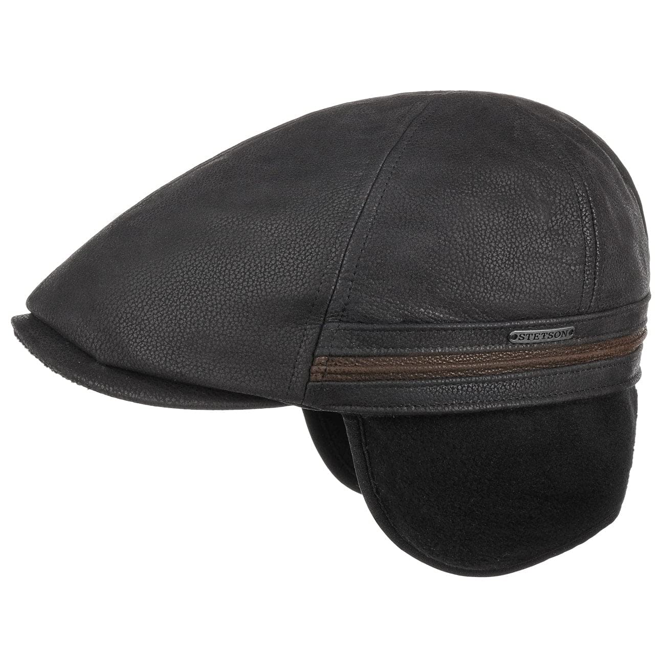 Stetson Redding Earflap Flat Cap for Men - Peaked Cap in Leather (Cowhide) - Leather Cap with Fleece Lining - Men's Cap with Ear Flaps - Fall/Winter Ear Warmers - Gatsby Cap Black